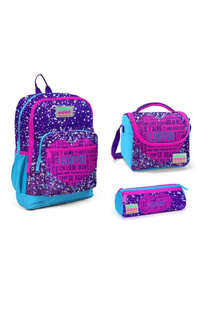 Kids Purple Blue Pink Heart Patterned 3-Pack School Bag Set