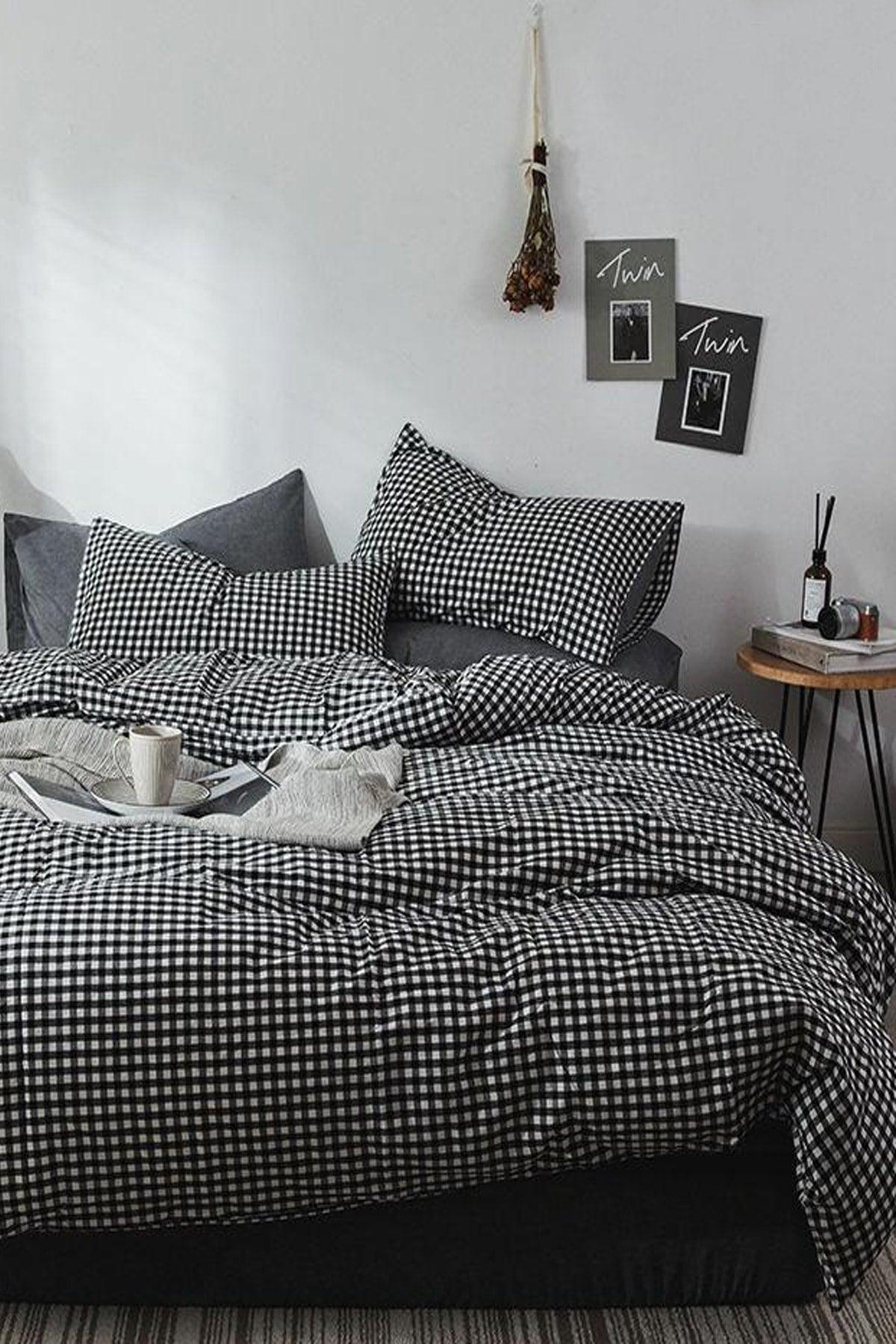 Elastic Bed Linen Duvet Cover Set Double Mini Gingham Black - Swordslife