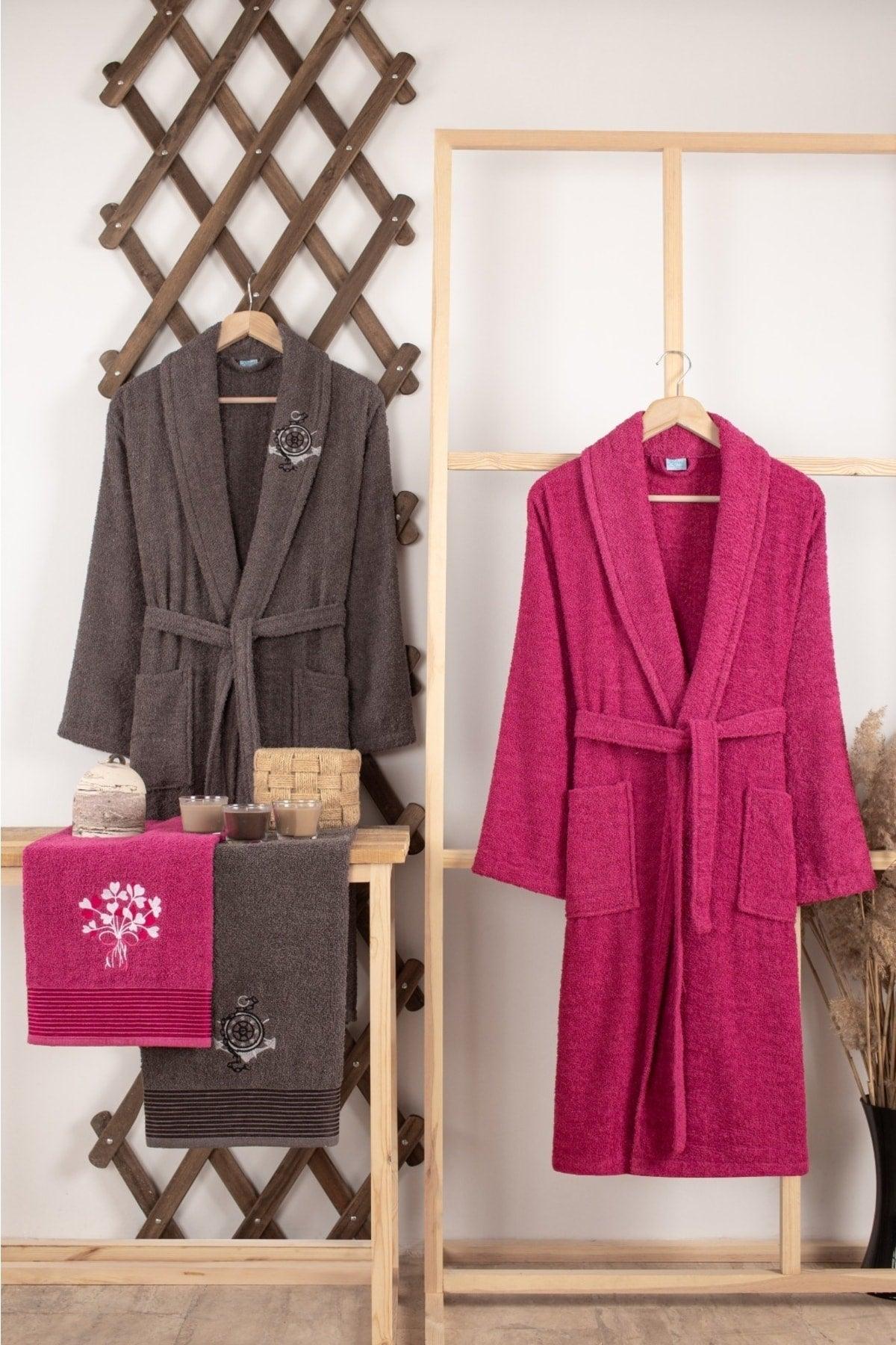 100% Cotton 4-Piece Family Bathrobe Set| Bathrobe Set| Dowery Set Anthracite-magenta - Swordslife