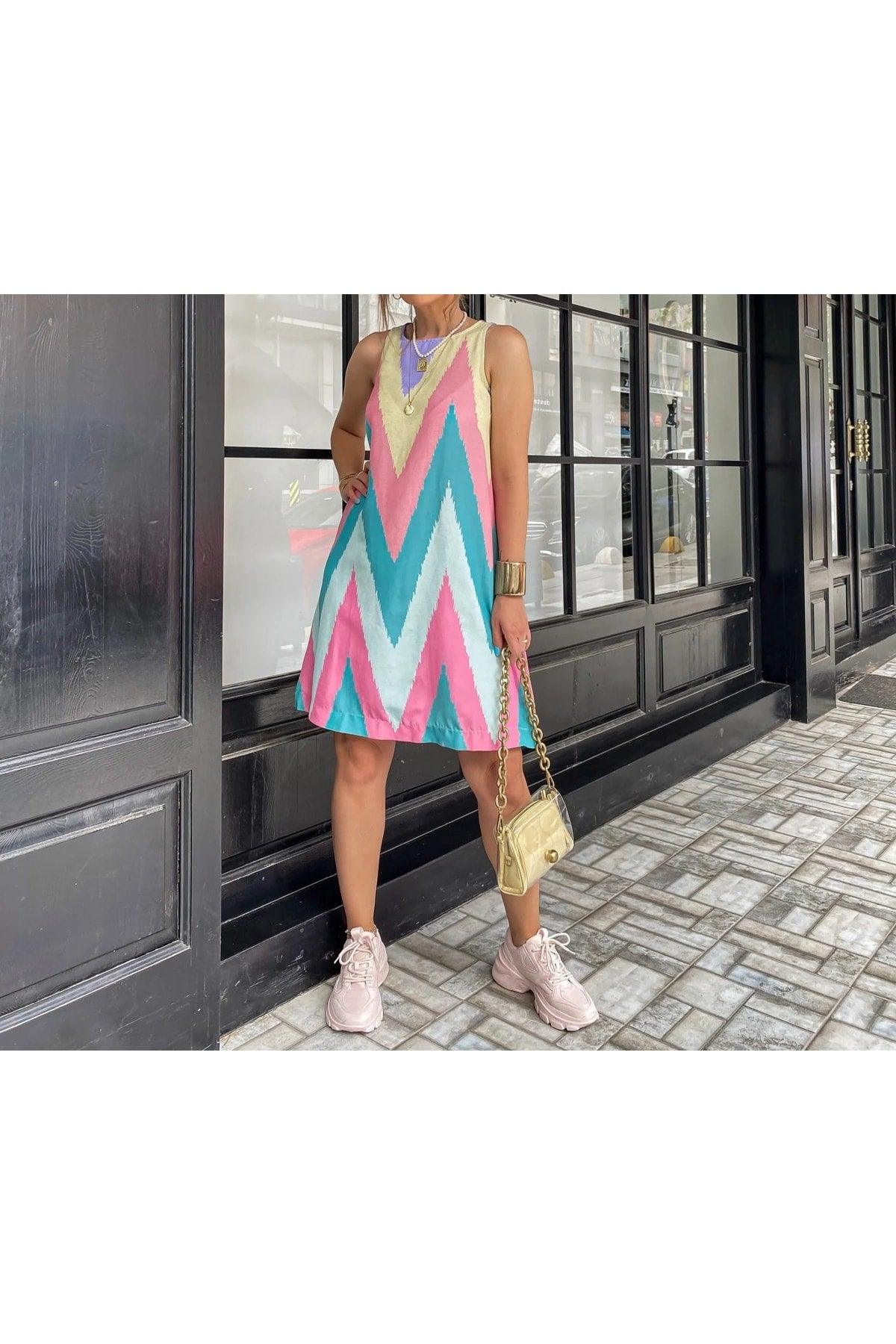 Colorful Zigzag Pattern Sleeveless Linen Bell Dress - Swordslife