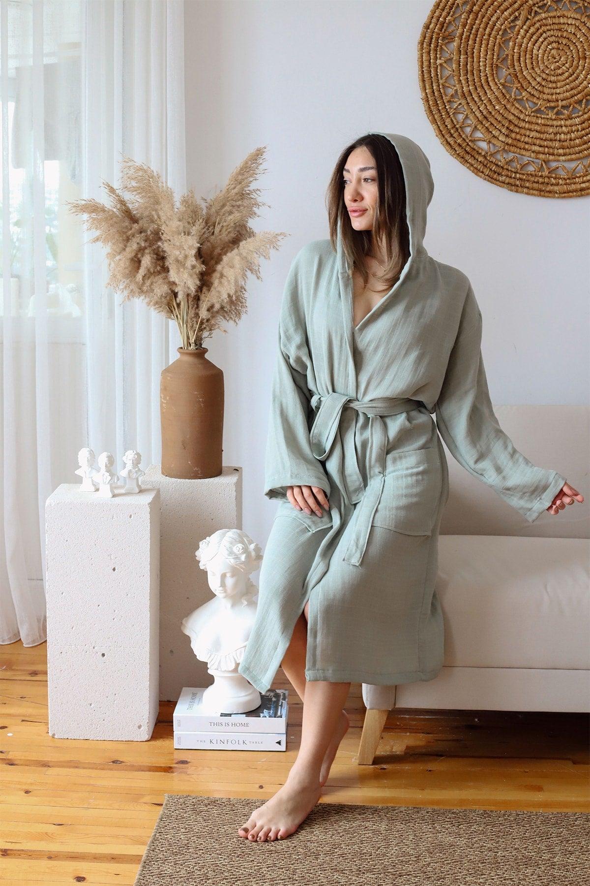 Adult Plain Muslin Bathrobe, Special Design 100% Cotton 2 Layer Hooded Sage Green - Swordslife