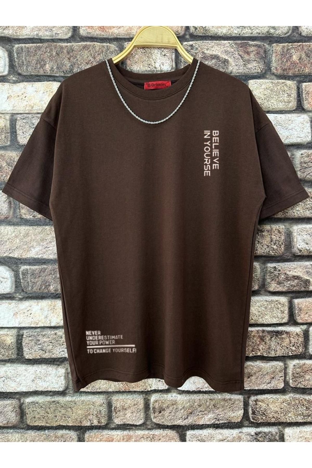 Men'S Brown Believe Printed Oversize T-Shirt