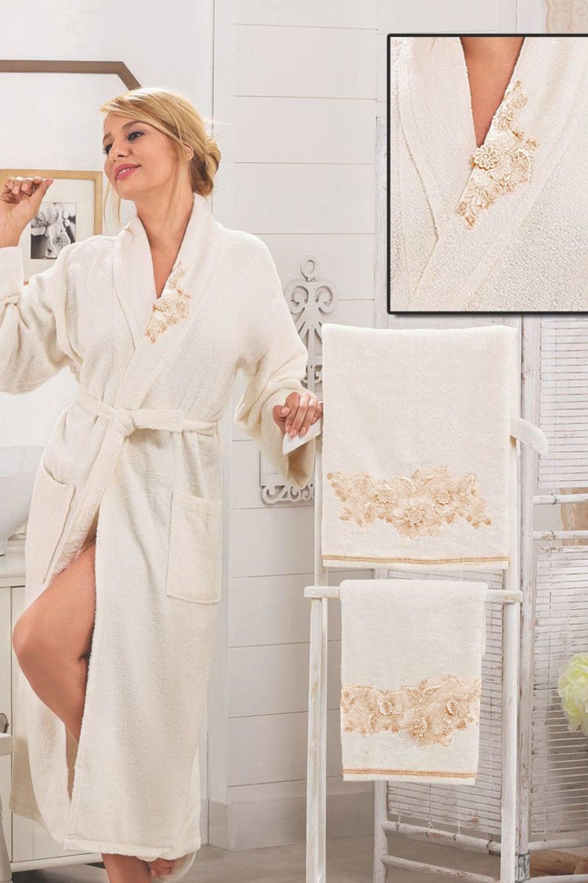 100% Bamboo Ladies Honeymoon Bathrobe Set Lace Embroidered Set Dowry Set Soft Cream Sultan Cap - Swordslife