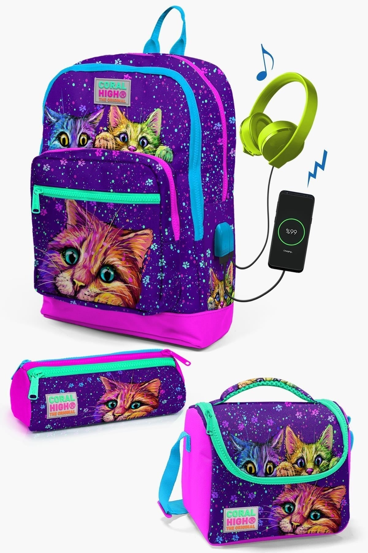 Kids Purple Pink Cat Patterned Usb 3-Piece School Bag Set Set0123832