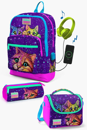 Kids Purple Pink Cat Patterned Usb 3-Piece School Bag Set Set0123832