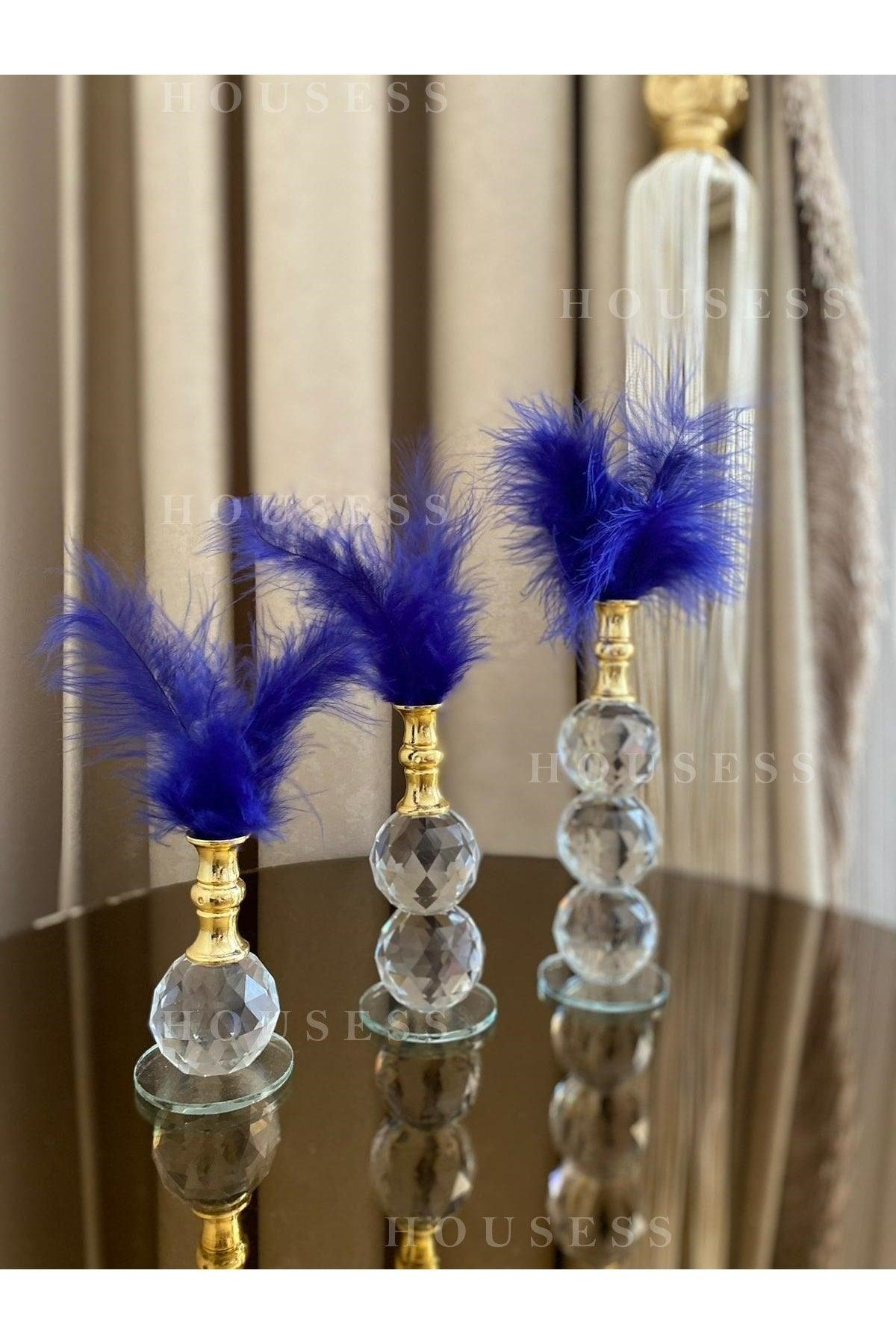 Set of 3 Blue Feathered Gold Crystal Ball Feather Decor Trinket Ornament - Swordslife