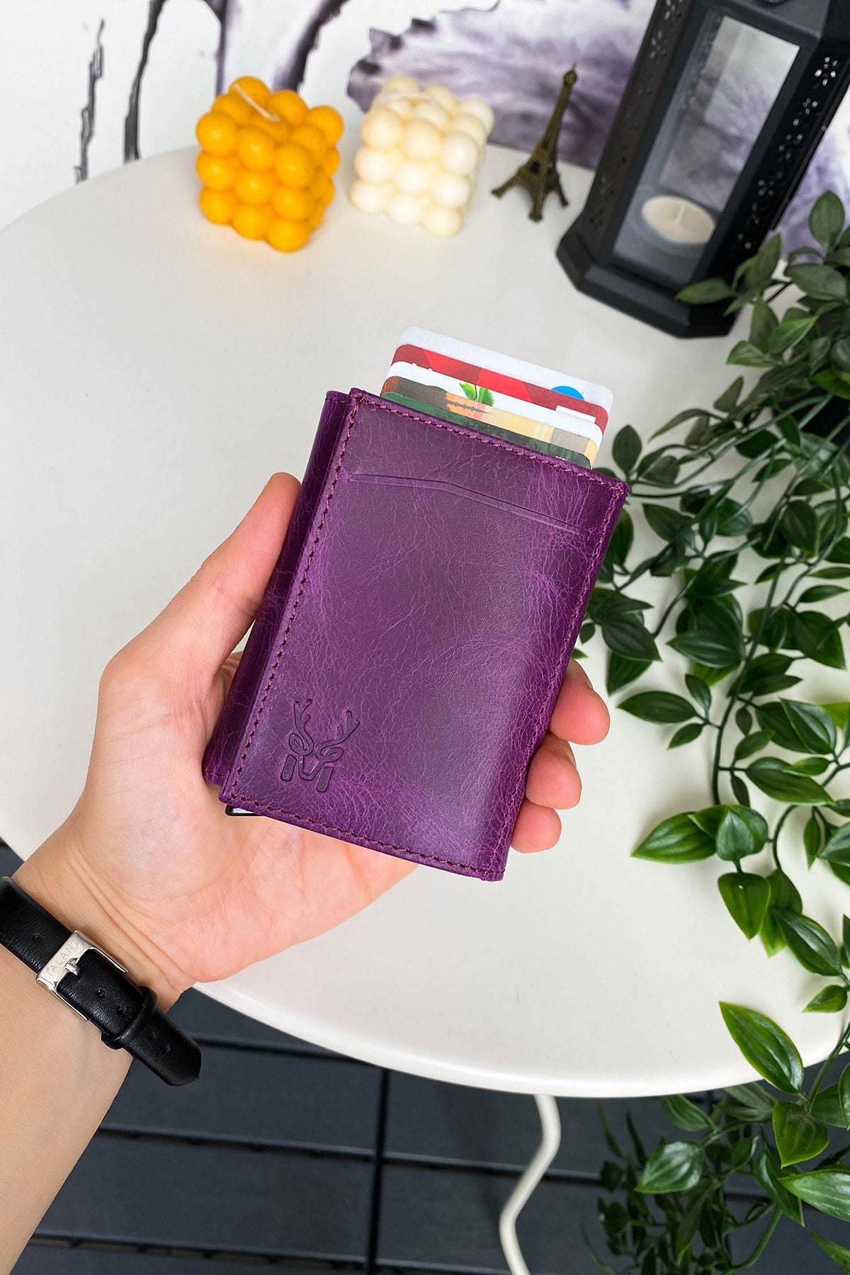 Pescol - Genuine Leather Purple Smart Card Holder / Wallet With Rfid Protection Mechanism, Top Level Craftsmanship