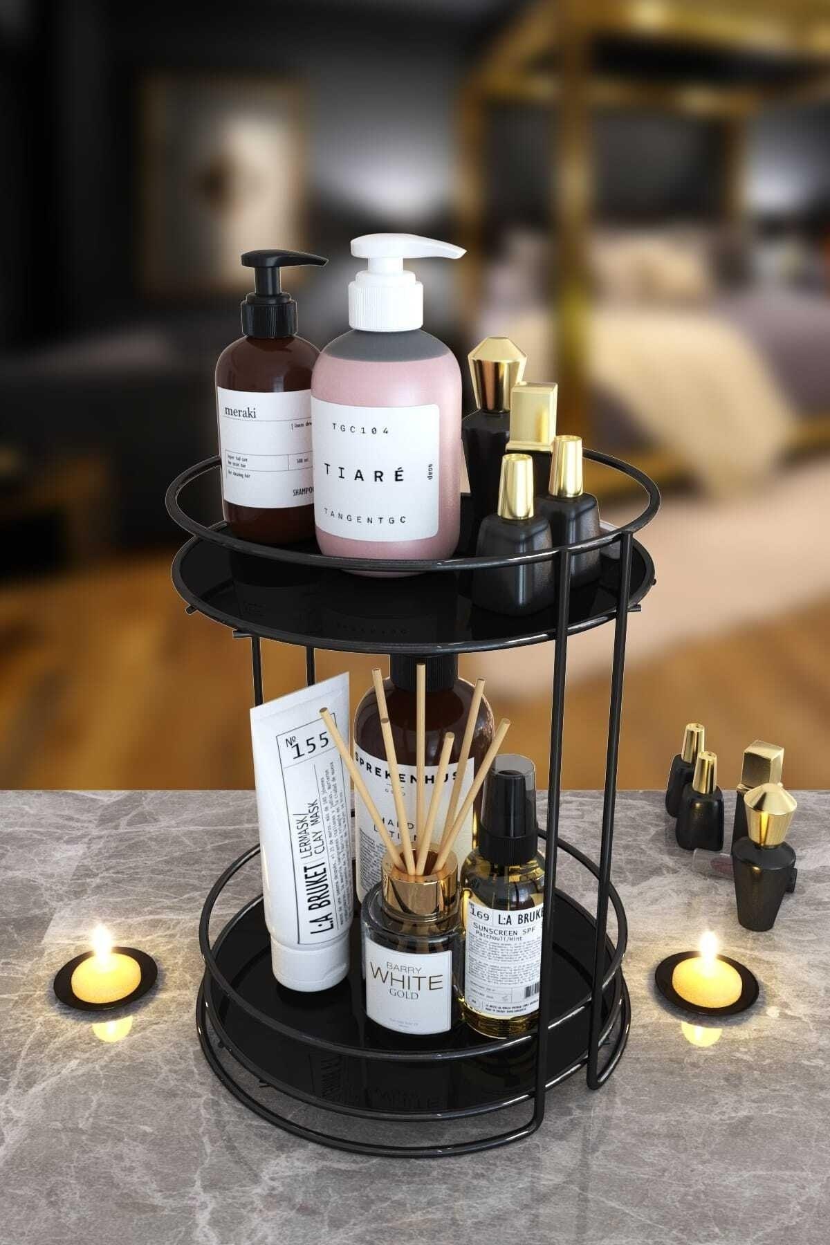 2 Tiers Bathroom Cosmetic Jewelry Organizer Multi-Purpose Organizer Serving Tray Black for Treats - Swordslife