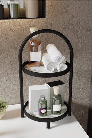 2 Tiers White Marble Patterned Cosmetic Jewelry Bathroom Organizer 41 Cm - Swordslife