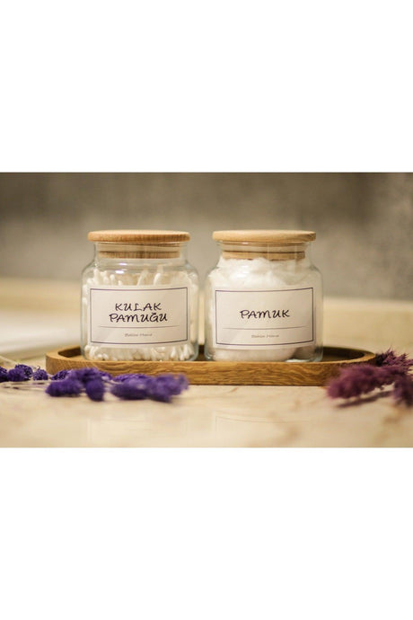 Set of 2 Glass 500 Ml Wooden Lid Cotton&Cotton Ear Jars - Swordslife