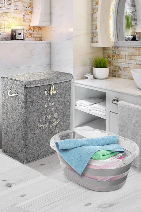 2 Lux Bathroom Set - Felt Covered Dirty Laundry Basket - Foldable Accordion Laundry Basket - Swordslife