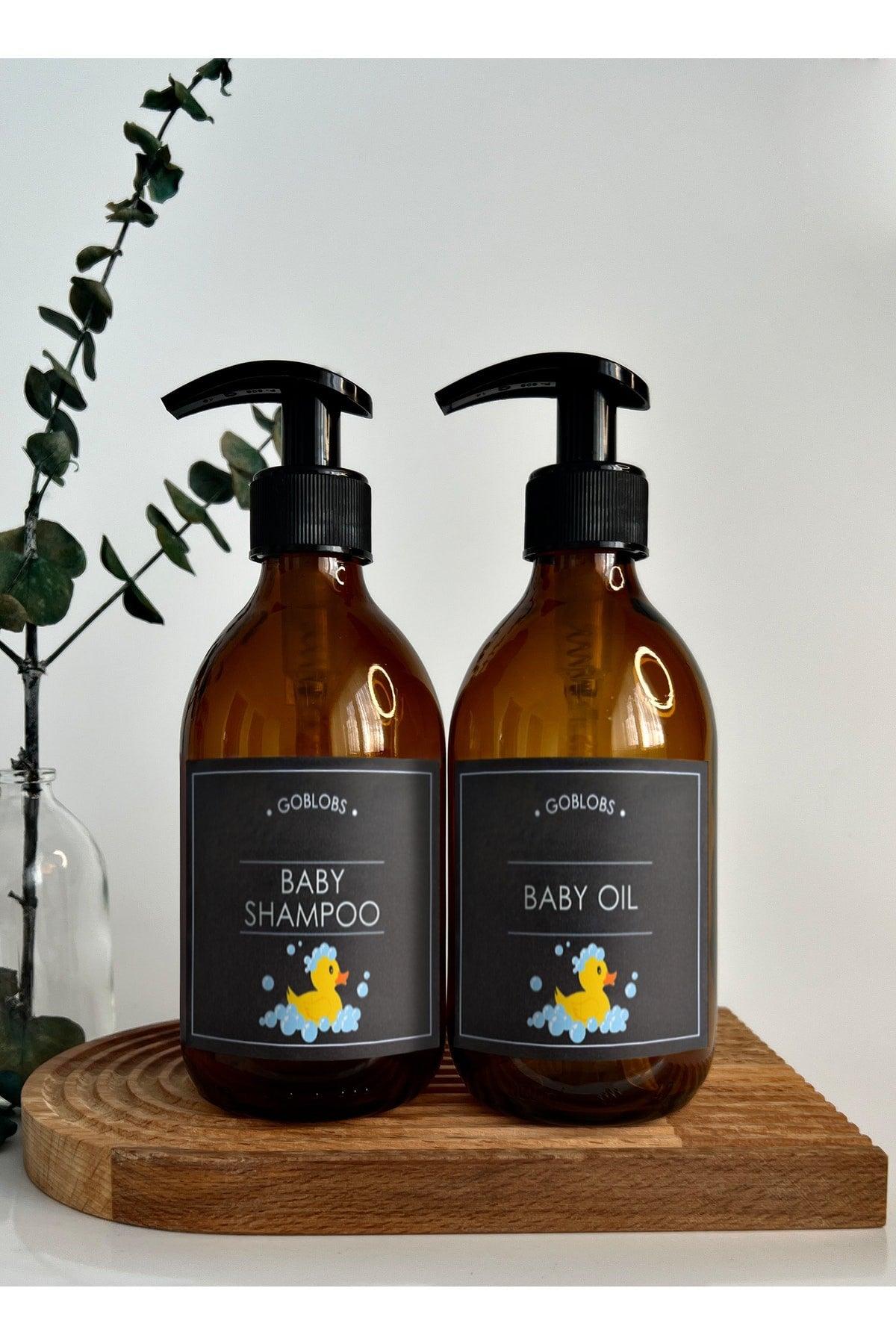 Set of 2 300ml Amber Brown Glass Bottle Baby Shampoo & Baby Oil Black Label - Swordslife