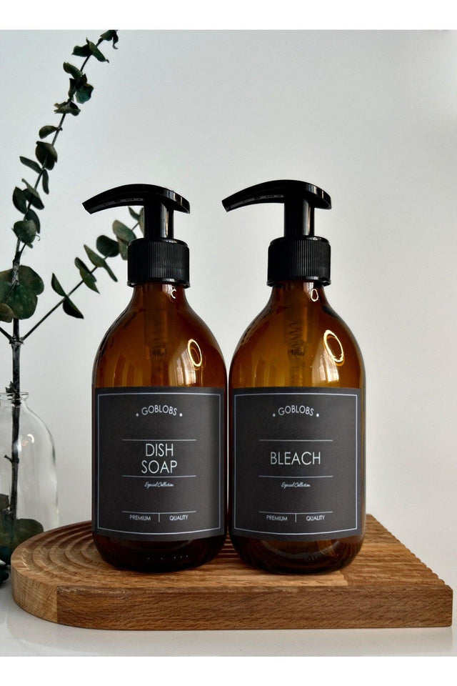 Set of 2 300ml Amber Brown Glass Bottle Dish Soap & Bleach Black Label - Swordslife