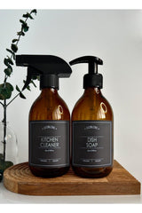 Set of 2 300ml Amber Brown Glass Bottle Spray Kitchen Cleaner & Dish Soap Black Label - Swordslife