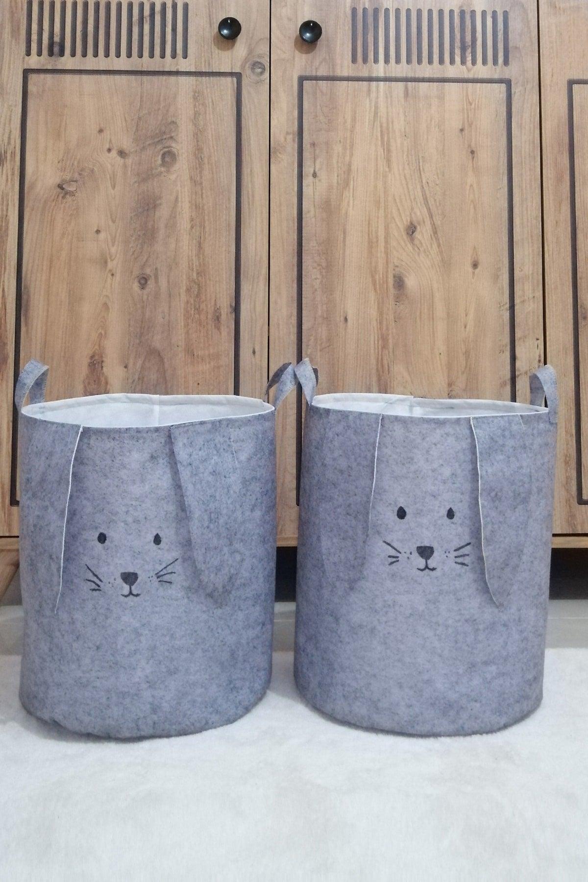 2 Pcs Rabbit Figured Toy Basket, Laundry Basket with Carrying Handle, Gray Collapsible Basket - Swordslife