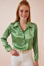 Women's Pistachio Green Lightly Flowy Satin Shirt DD00990 - Swordslife