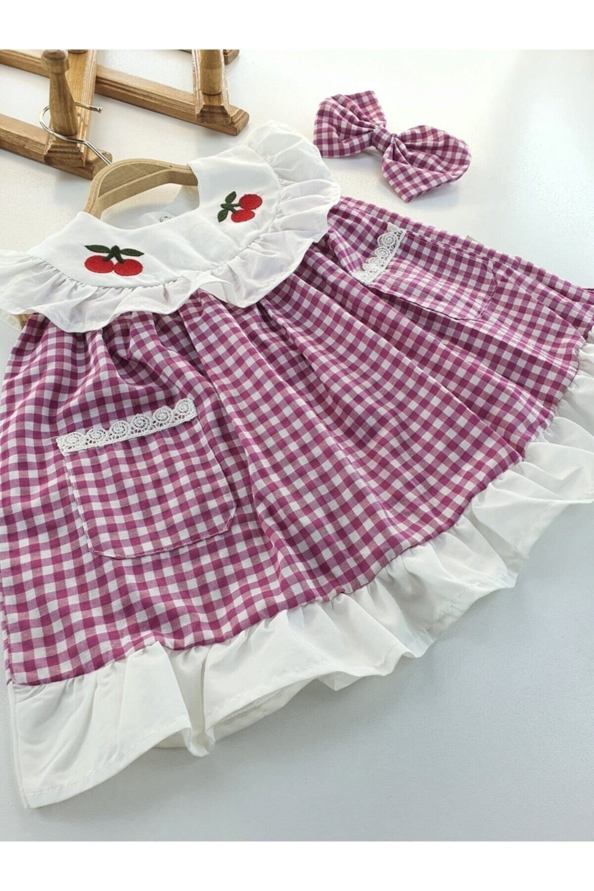 Baby Girl Fuchsia Gingham Cherry Detailed Hair Band Dress