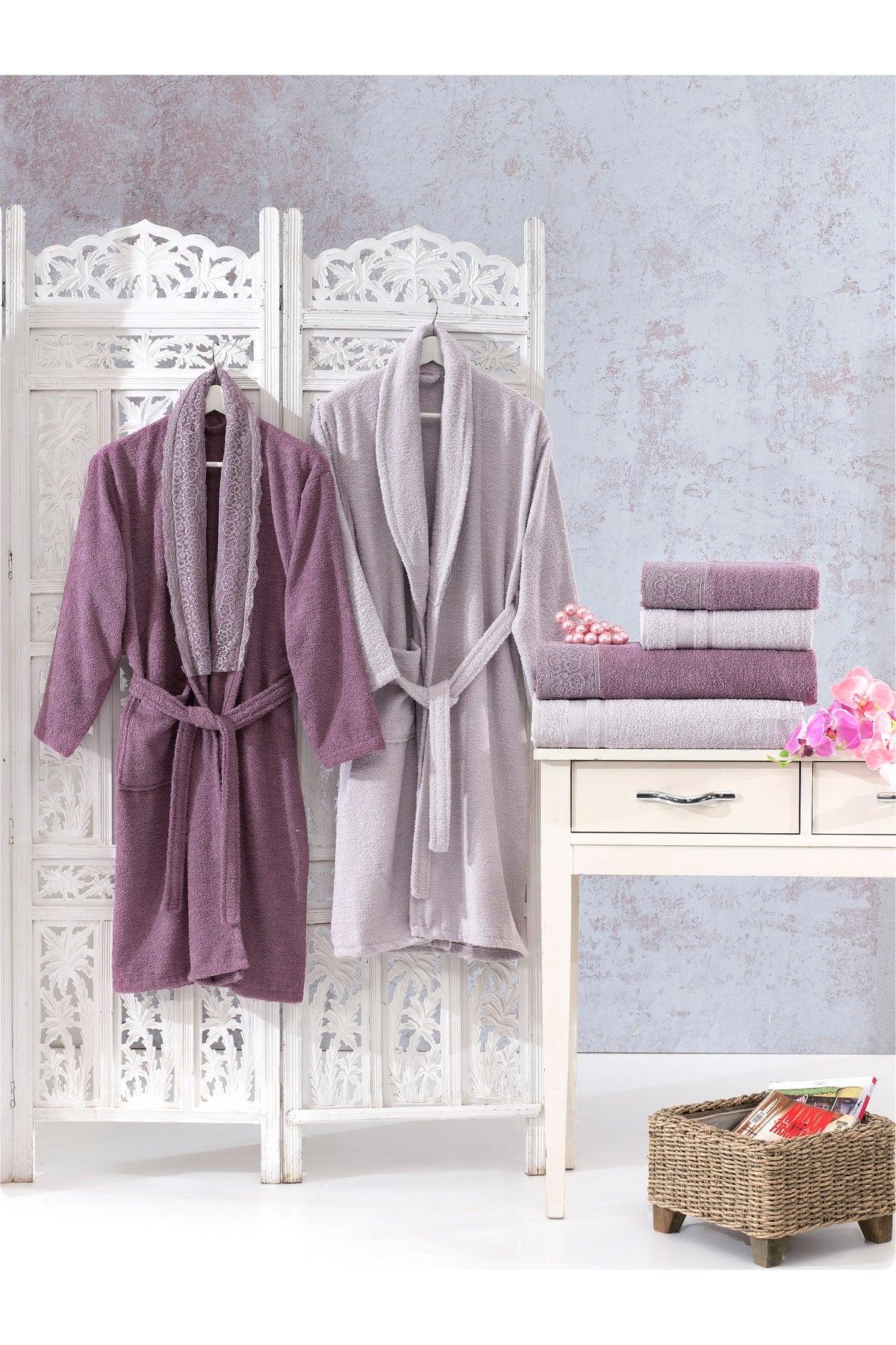 Family Lace Purple & Lilac Family Bathrobe Set 6 Pieces Dowry Women Men Bathrobes Bath Towel Set - Swordslife