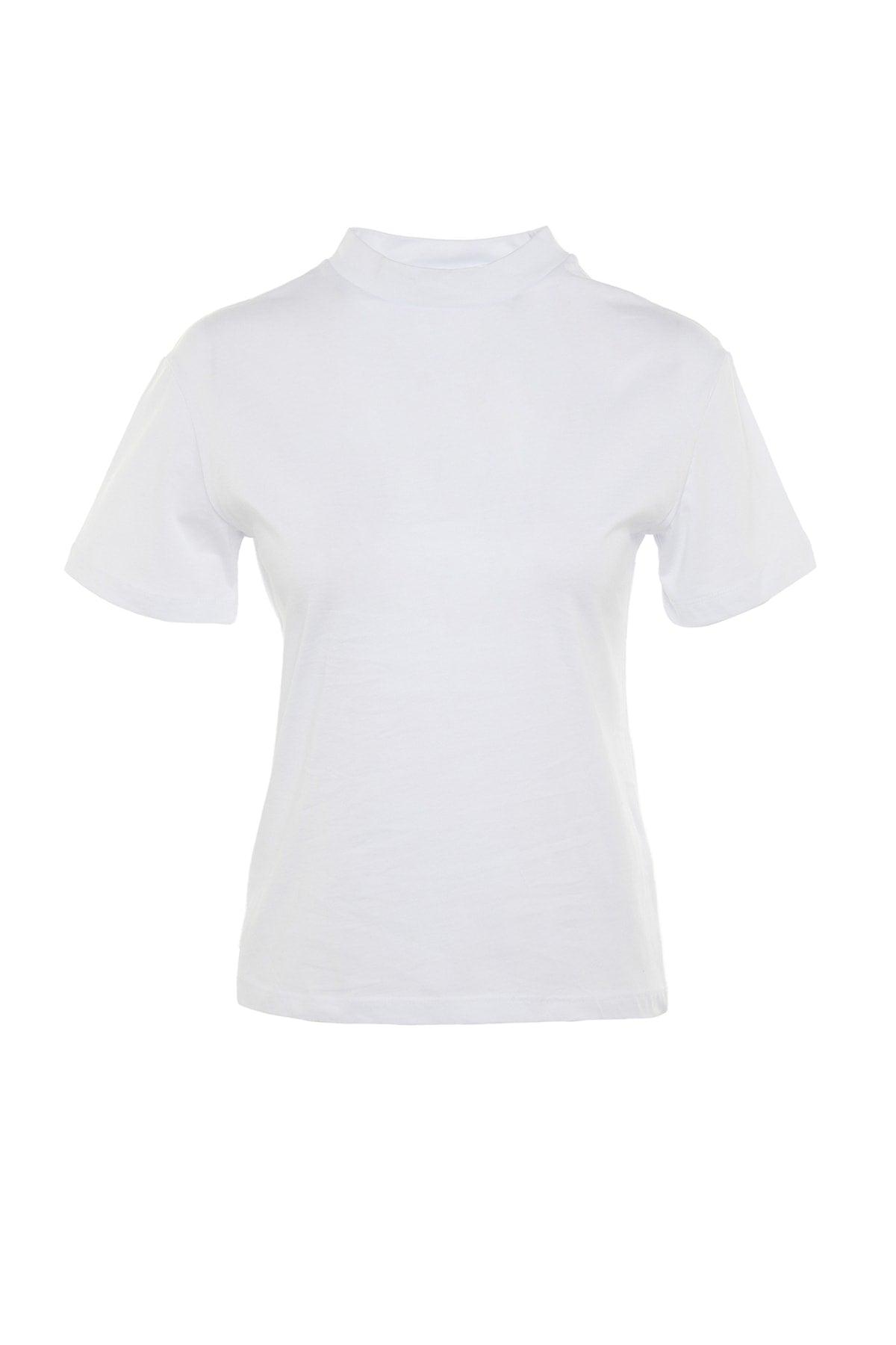 White 100% Cotton Basic Stand Up Collar Knitted T-shirt TWOAW20TS0096 - Swordslife