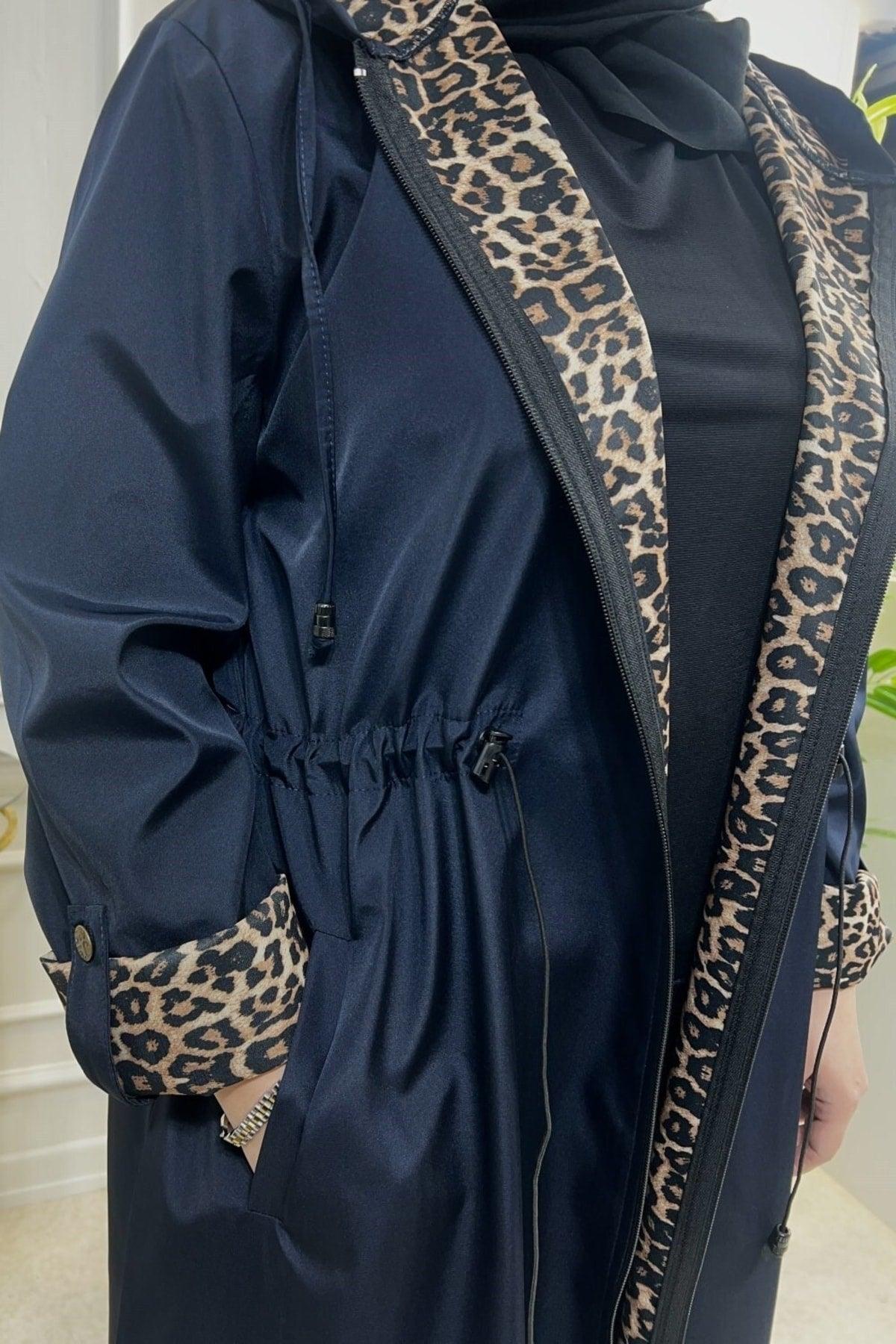 Plus Size Setenay Full Length Inner Leopard Double Sleeve Trench - Navy Blue - Swordslife