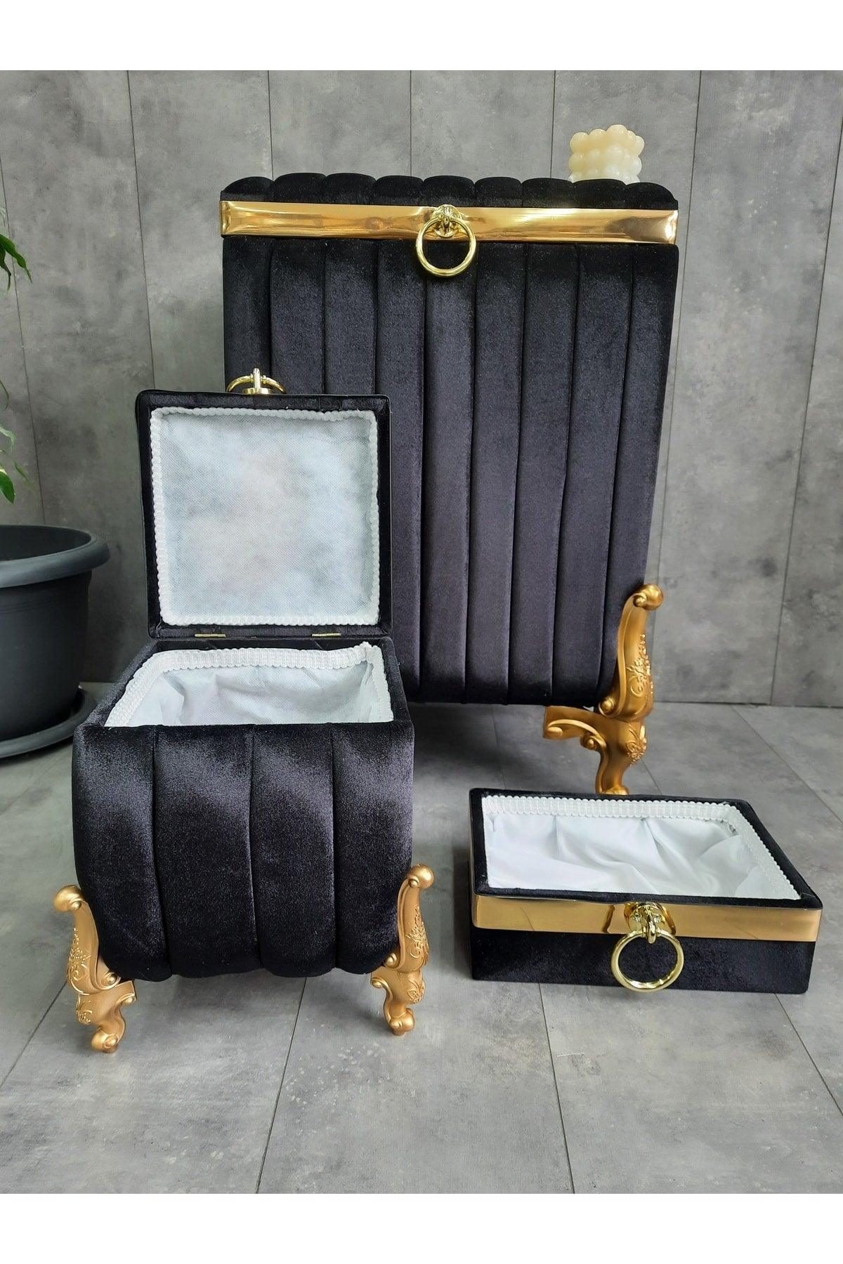 Luna Black 3-Piece Mdf Silk Velvet Bathroom Set Dirty Laundry Basket - Towel Holder - Detergent Set. - Swordslife