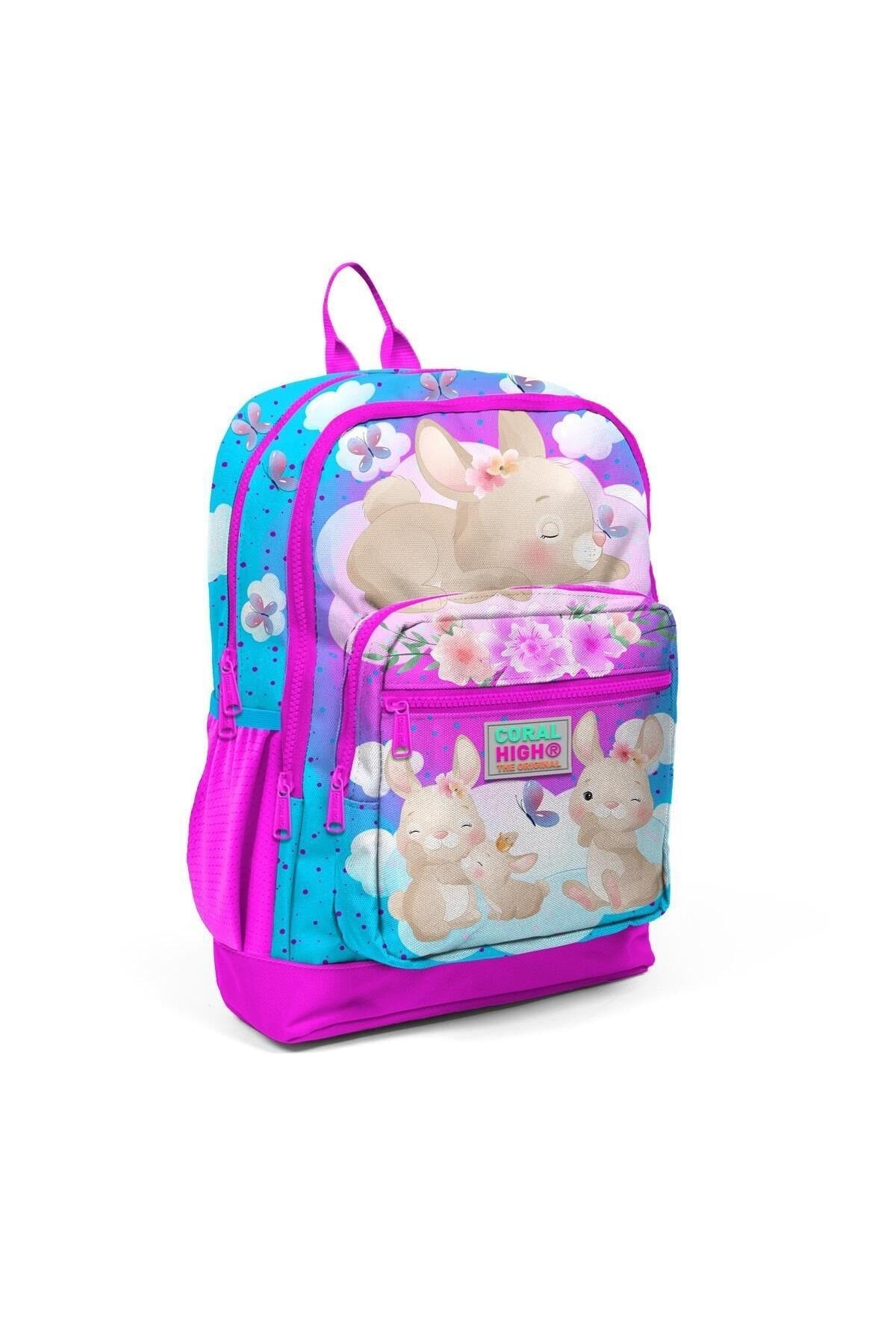 Kids Blue Pink Rabbit Patterned Usb 3-Piece School Bag Set Set0123836