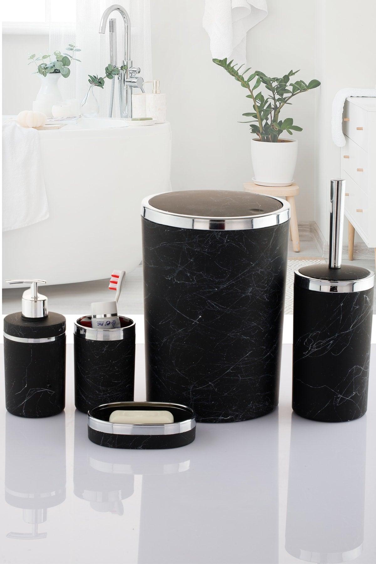 5 Piece Bathroom Set Marble Patterned Soft Color Tone Gold And Silver Plated Detailed - Swordslife