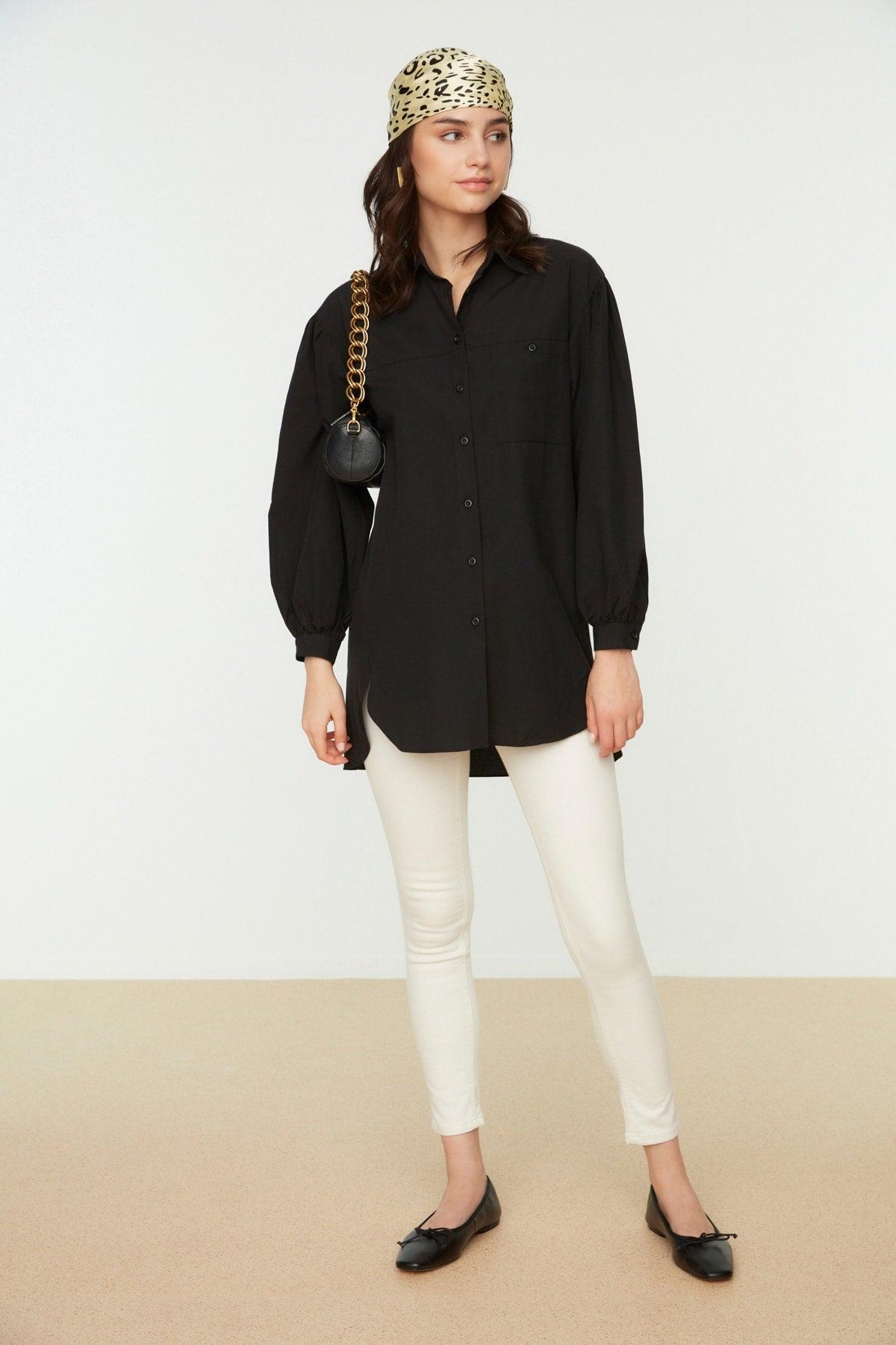 Black Balloon Back Sleeve Long Pocket Detailed Basic Woven Shirt TCTSS21GO0976 - Swordslife