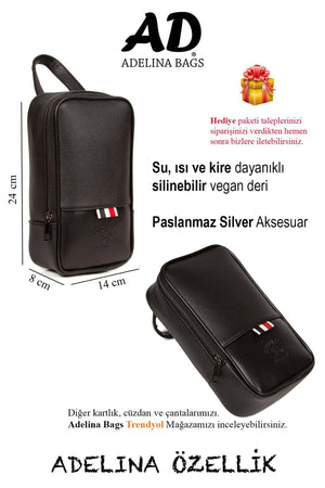 Adelina Men'S Black Leather Shave Travel Cosmetic Portfolio Clutch Bag