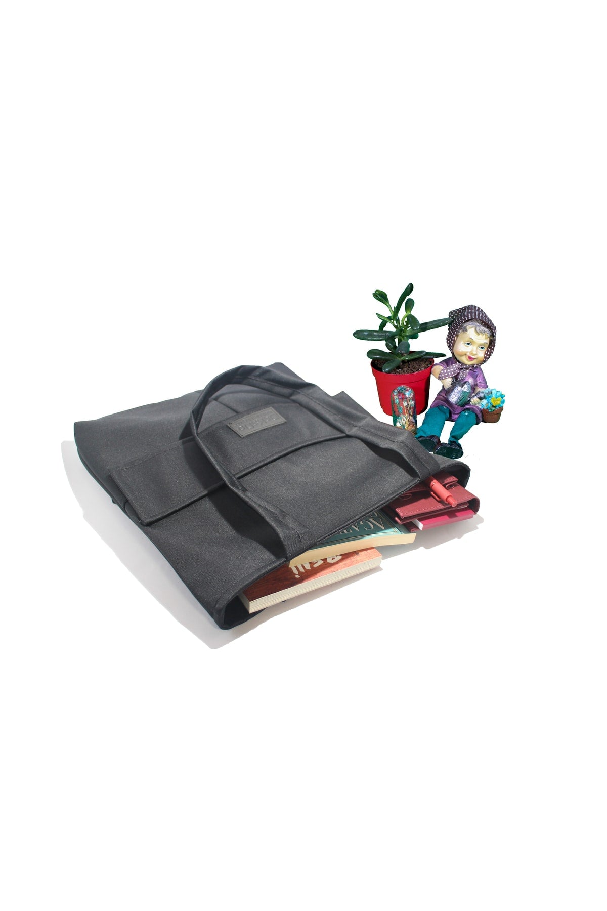 Women'S Black Bag Zippered Hand And Shoulder Bag Canvas Fabric Tote Bag