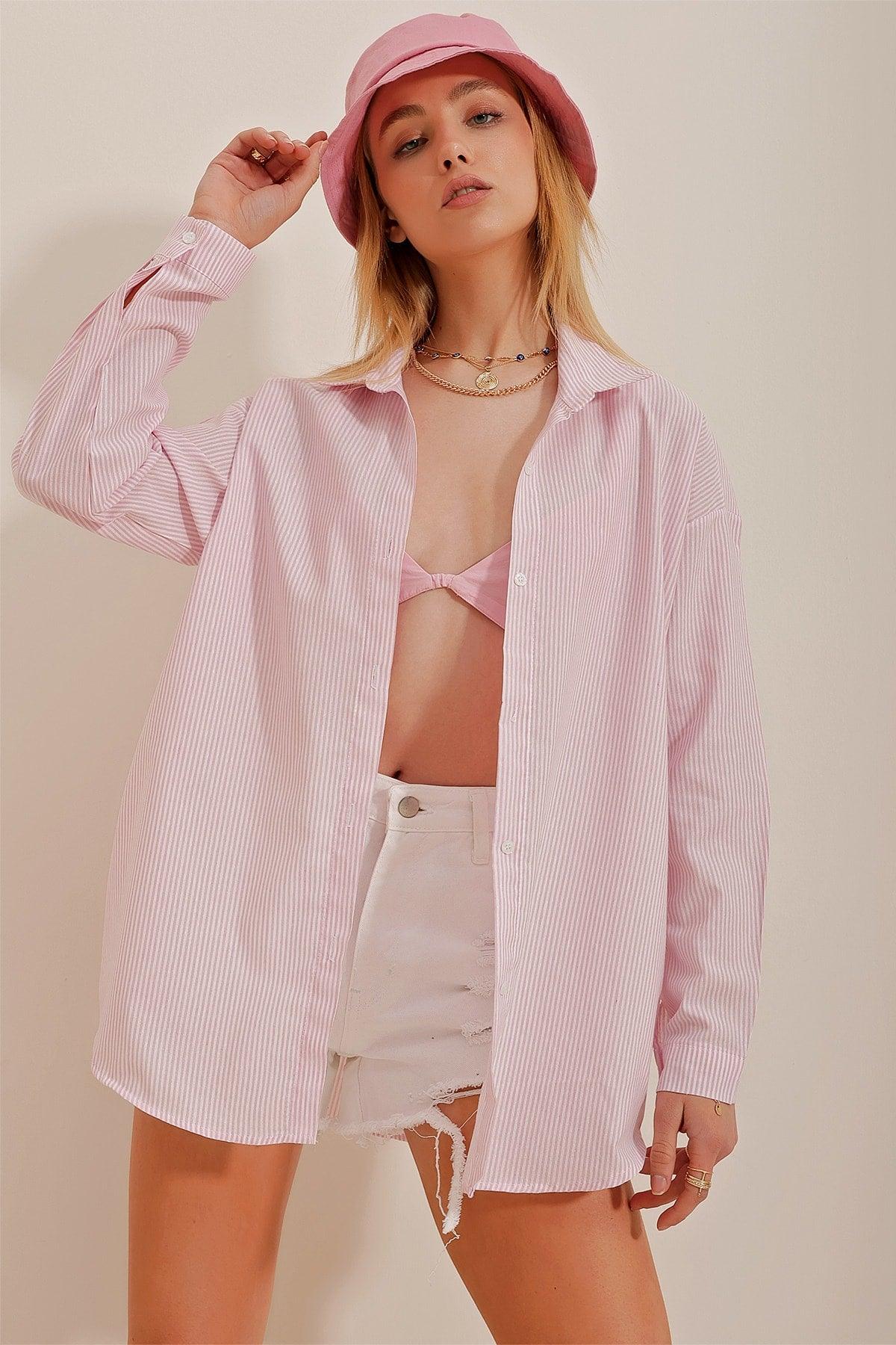 Women's Pink Striped Oversize Shirt ALC-X10232 - Swordslife