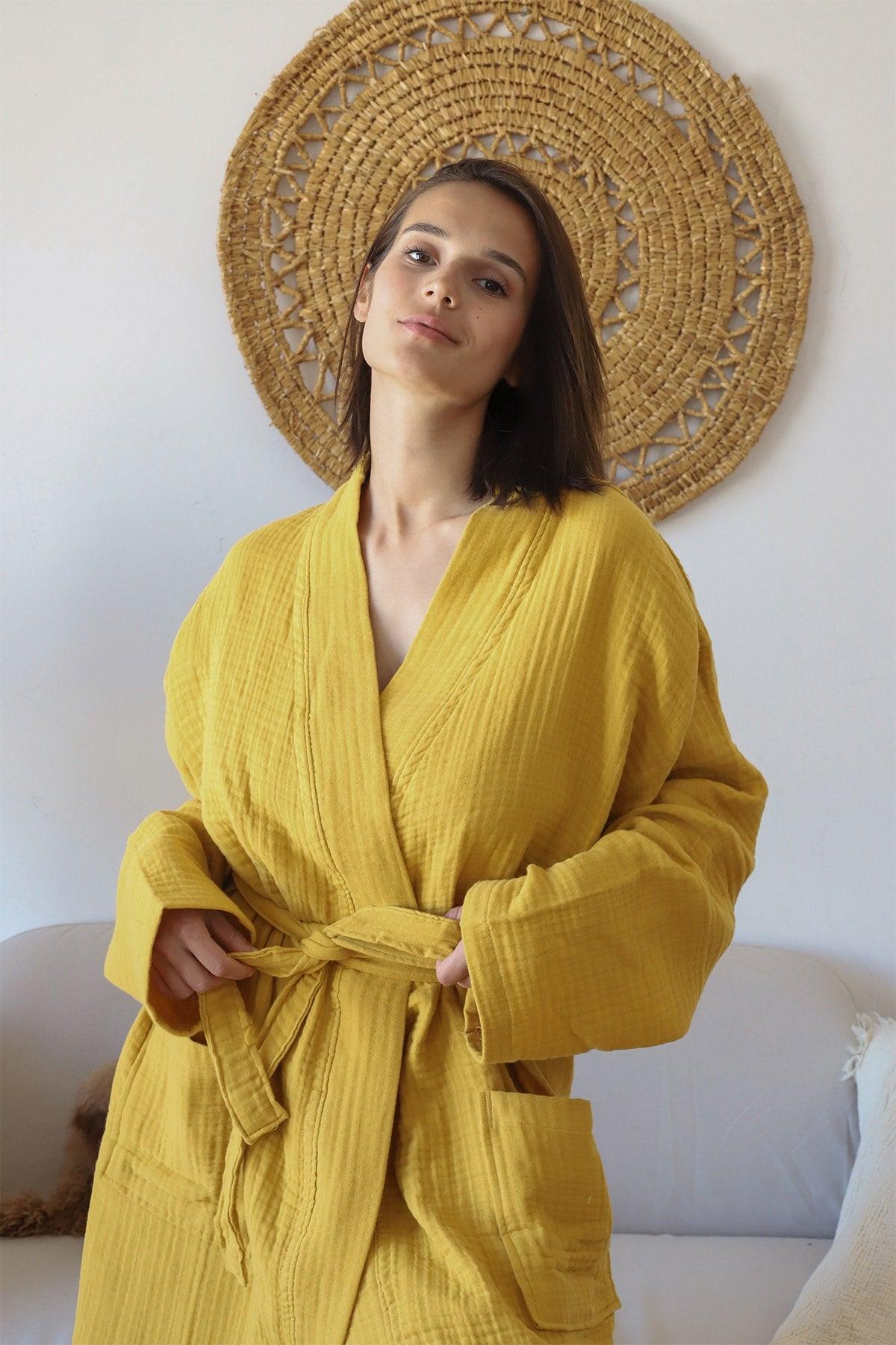 Adult Kimono Bathrobe, 100% Cotton 4 Ply Multi Muslin Mustard - Swordslife