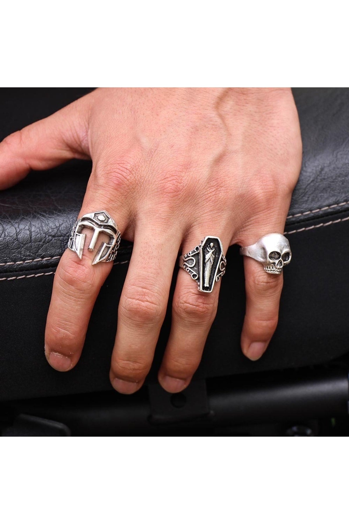 Antique Silver Plated Adjustable Model 3 Piece Men's Ring Set