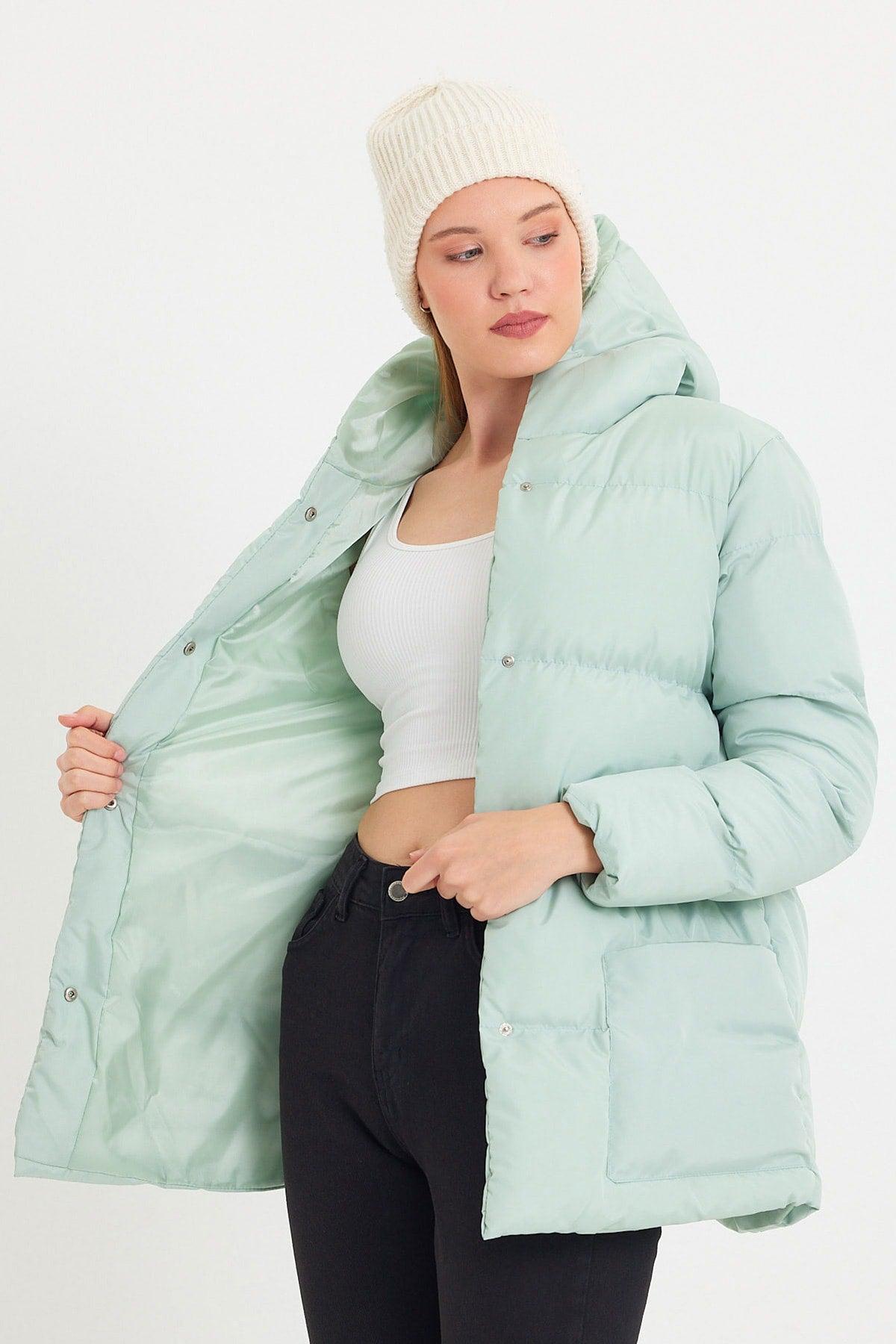 Women's Mint Green Monica Regular Fit Long Front Button Filled Waterproof Fabric Hooded Coat Tbg094 - Swordslife