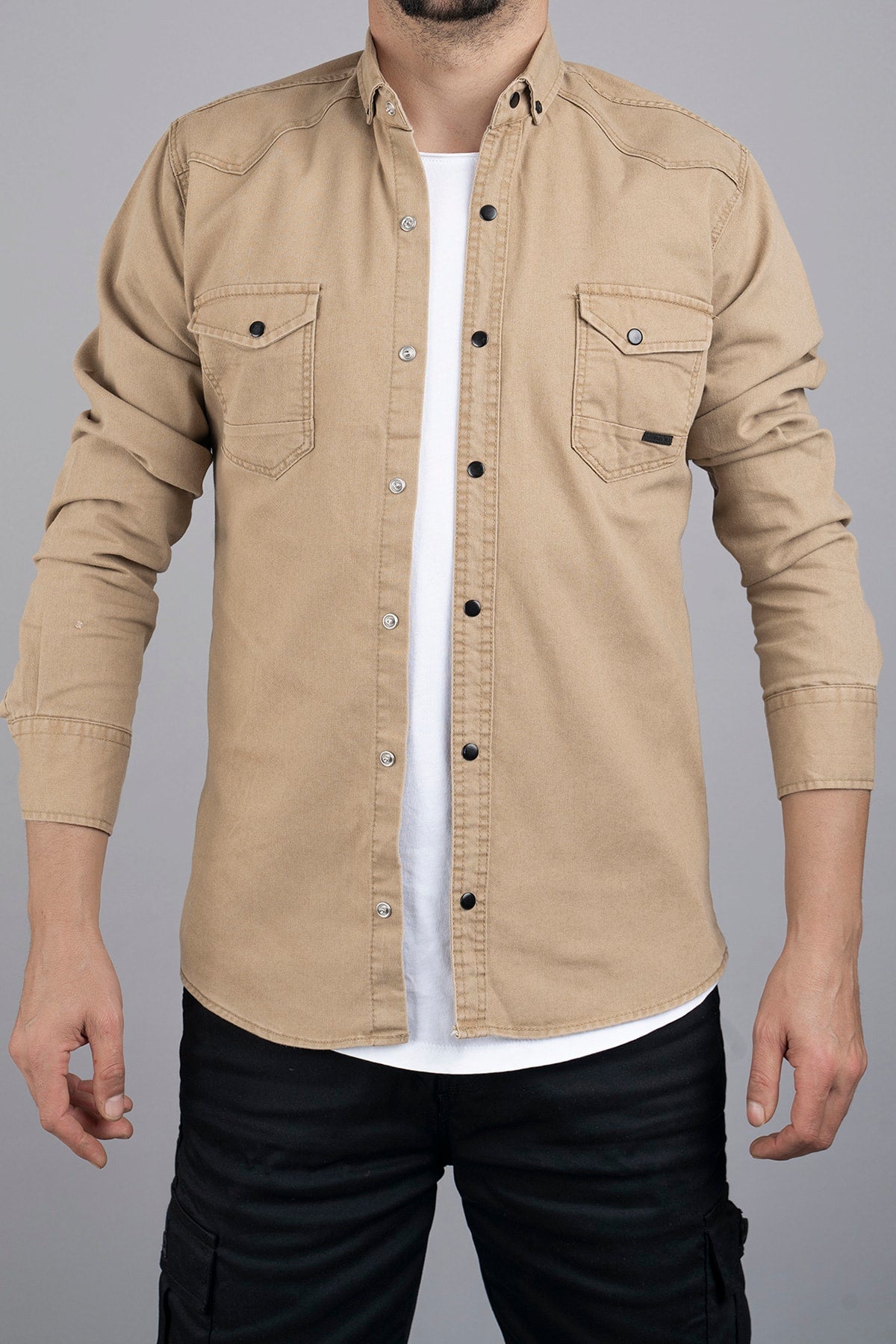 Slim Fit Men'S Denim Shirt Beige