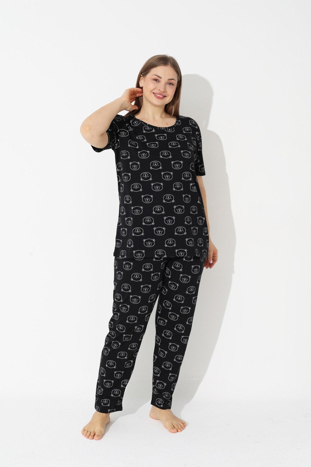 Black Teddy Bear Patterned Curve Large Size Oversized Short Sleeve Cotton Pajamas Set - Swordslife