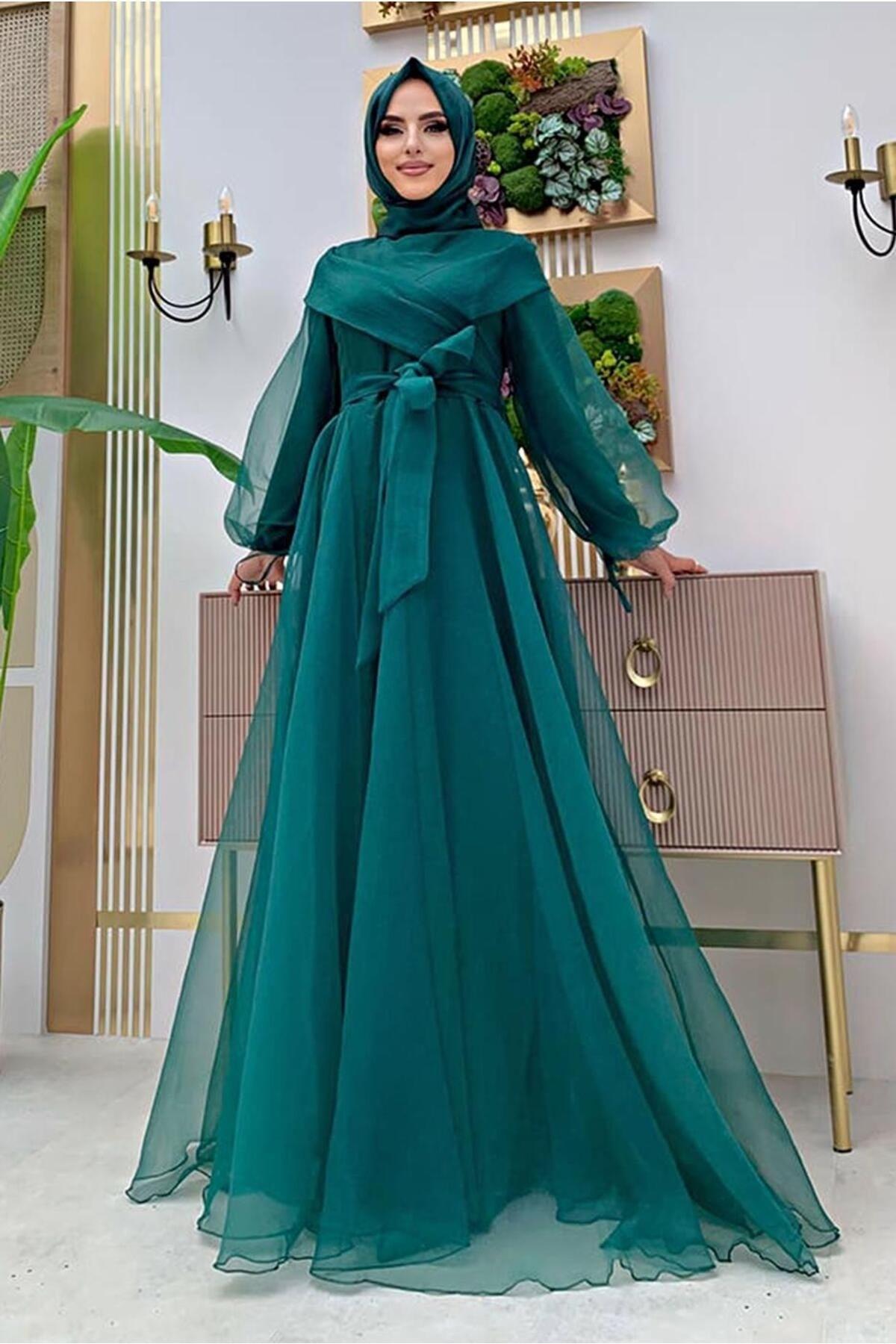 Women's Green (EMERALD) Belted Tulle Evening Dress T 4693 - Swordslife