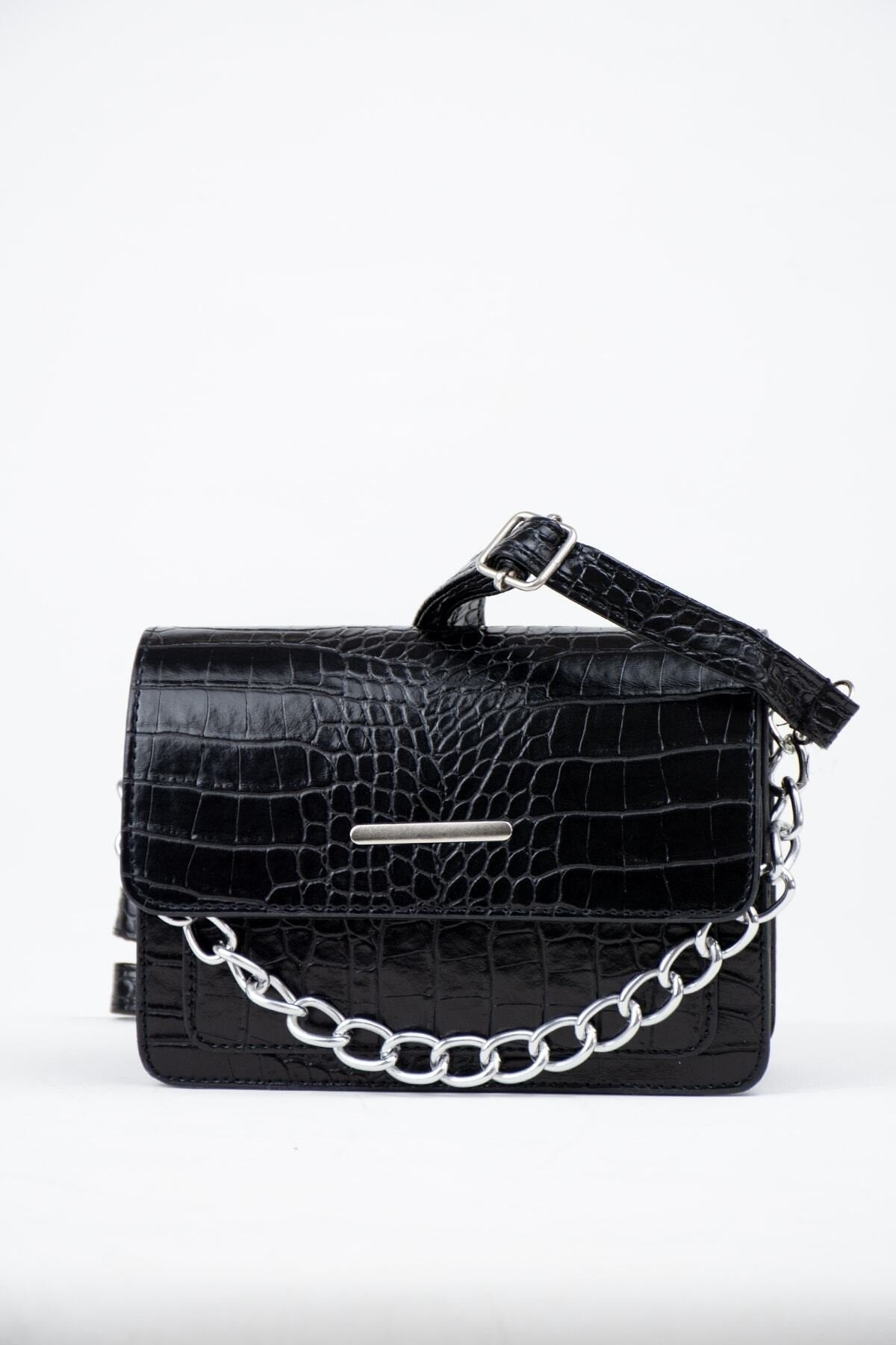 Black Women Crocodile Patterned Clutch Baguette Chain Strap Bag