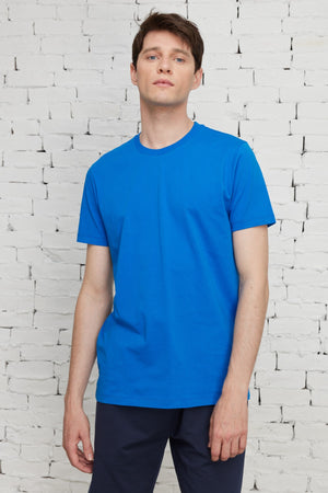 Men'S Sax Blue 100% Cotton Slim Fit Slim Fit Crew Neck Short Sleeved T-Shirt