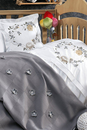 5 Pieces 100% Cotton, 3D Flower And Bird Patterned Cemre Gray Baby Duvet Cover Set