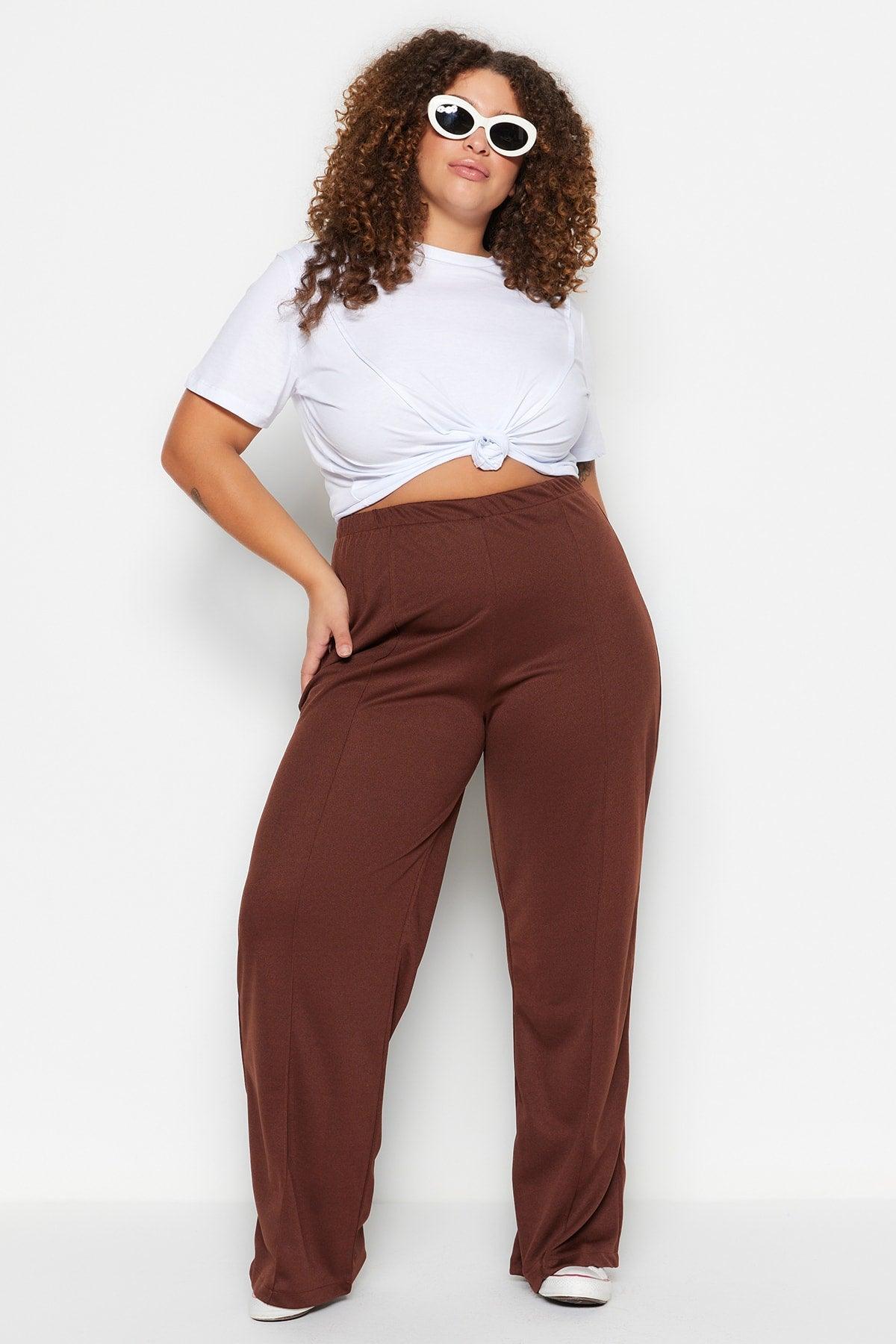 Brown Wideleg Knitted Crepe High Waist Ribbed Trousers TBBSS23AR00021 - Swordslife