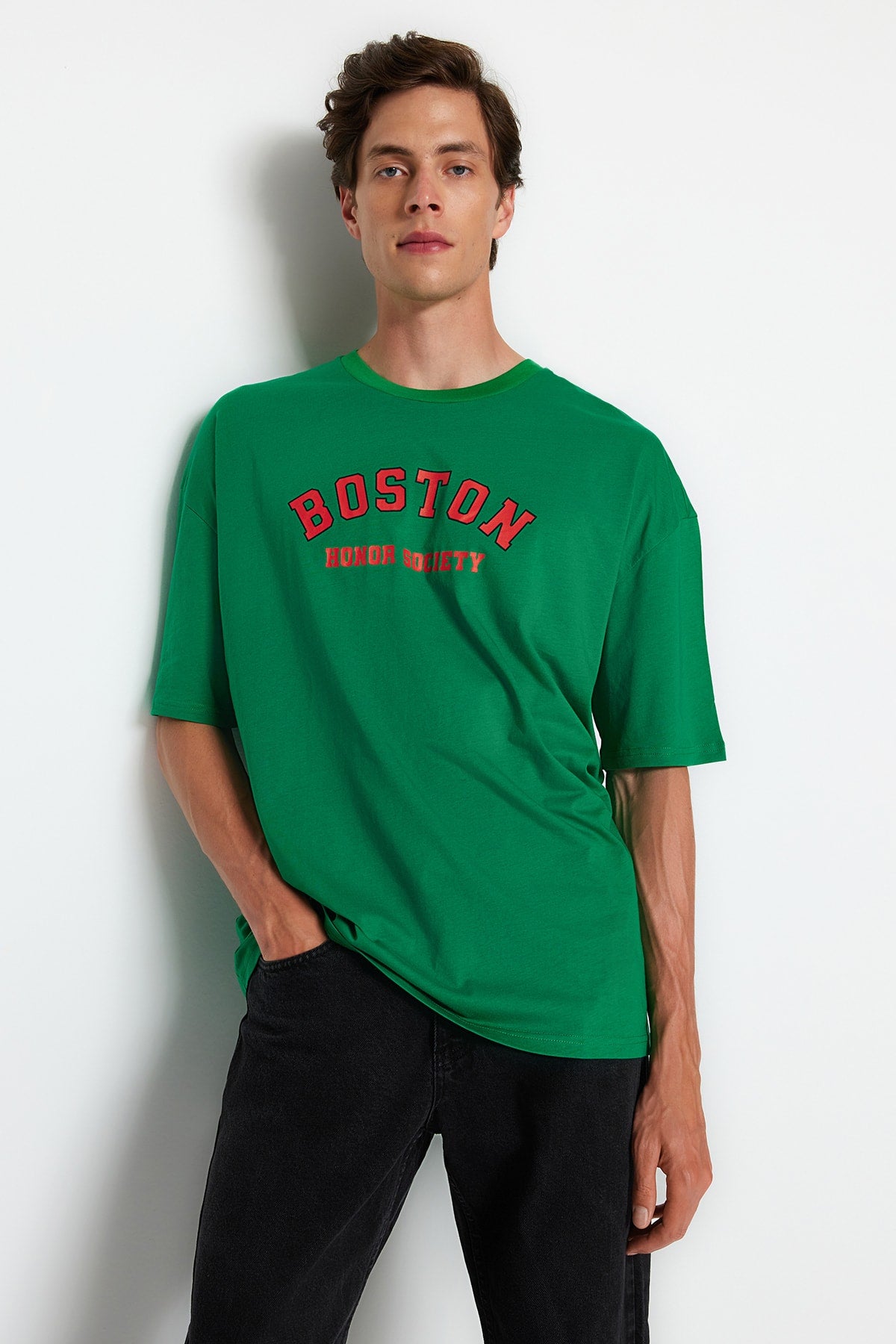 Green Men's Oversize Crew Neck Short Sleeve City Printed 100% Cotton T-Shirt TMNSS21TS1217