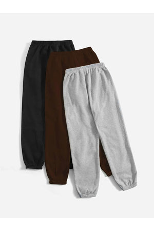 3-Pack City Printed Jogger Sweatpants - Black, Gray And Brown, Elastic Legs, High Waist, Summer