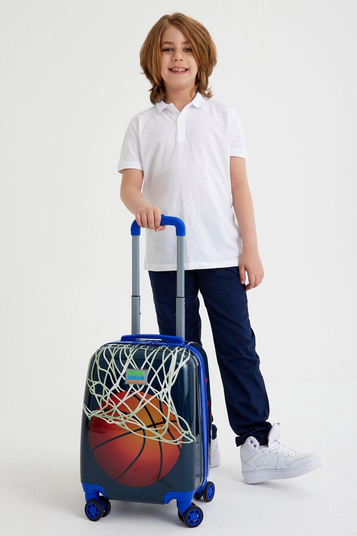 Kids Navy Blue Orange Basketball Patterned Child Suitcase 16753