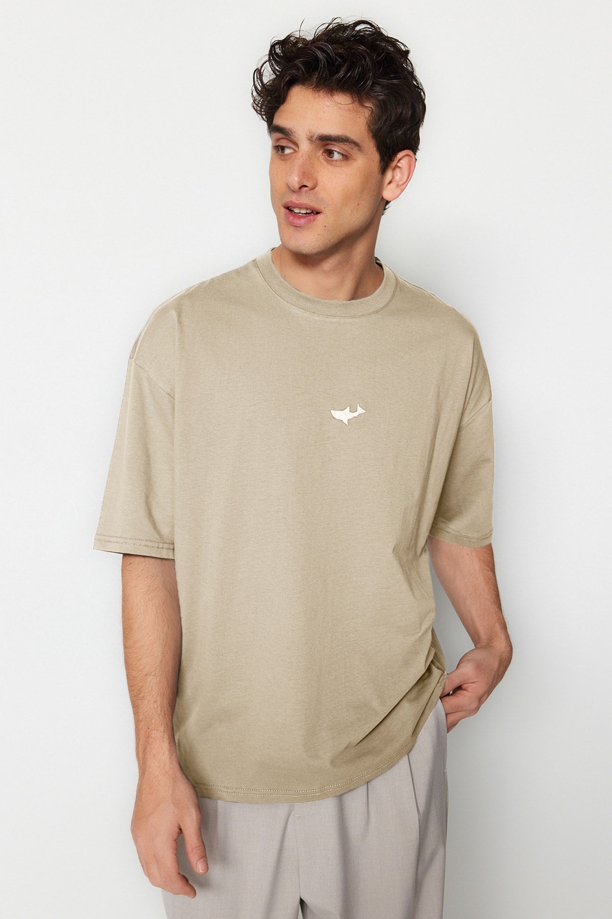 Stone Men'S Oversize Fit Cycling Collar Short Sleeve Shark Embroidered T-Shirt Tmnss23Ts00245
