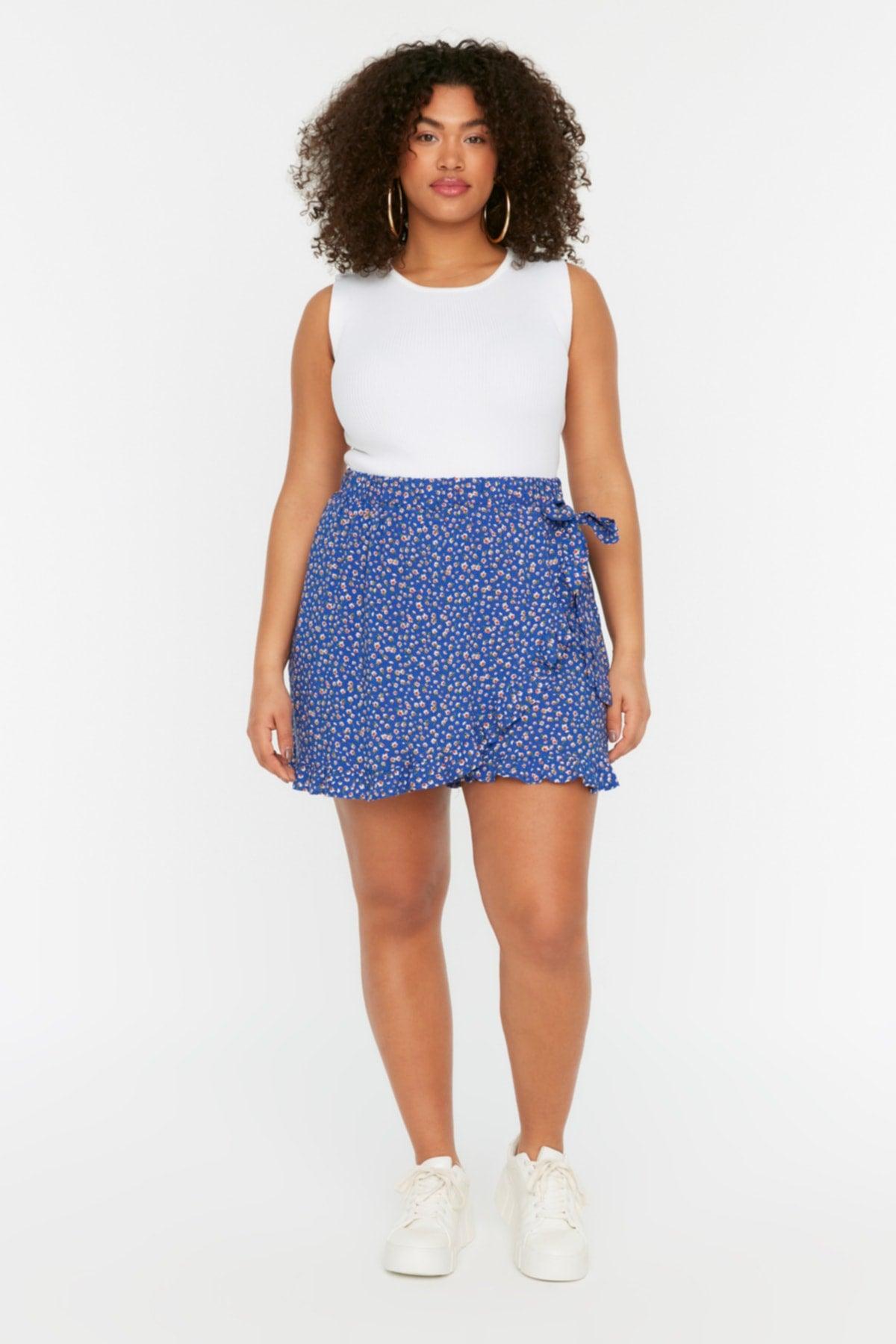 Blue Floral Patterned Woven Tie Shorts Skirt TBBSS22SR0164 - Swordslife