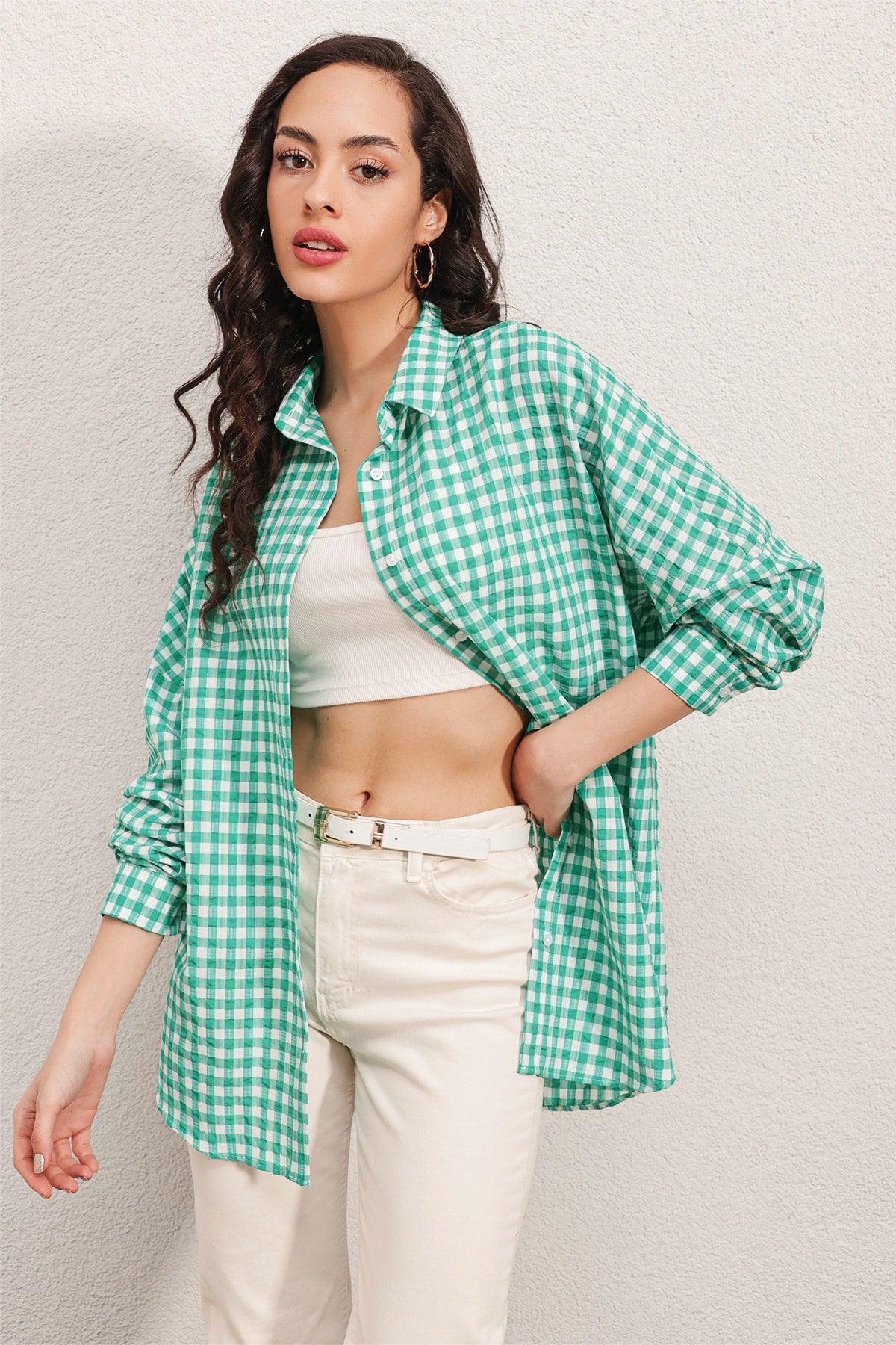 3900 Oversize Check Shirt - Y.green - Swordslife