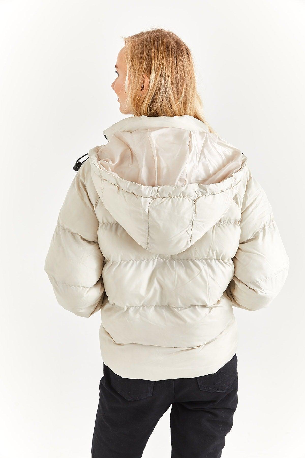 Women's Stone Hooded Print Detail Down Jacket - Swordslife