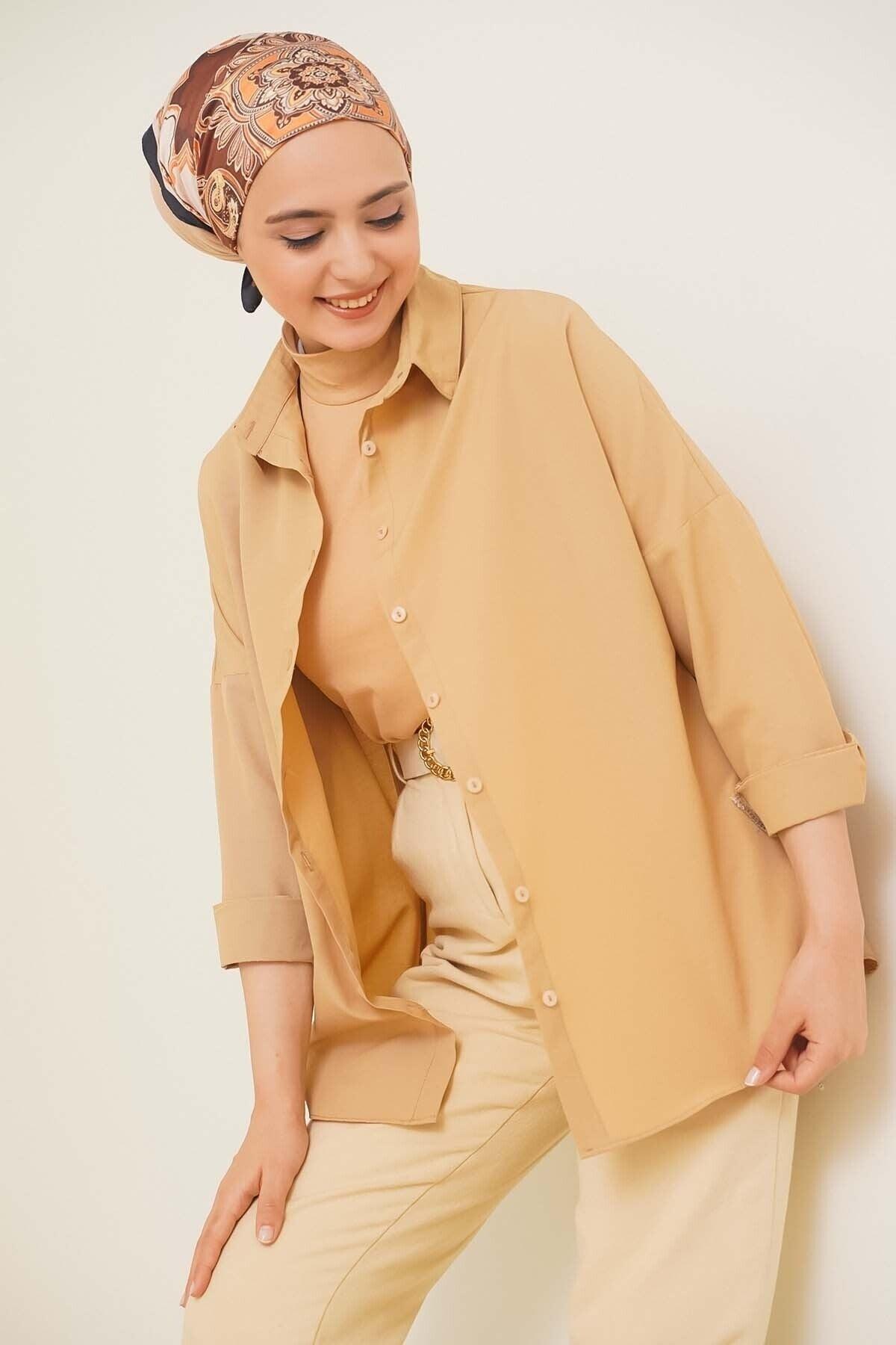 103901 Oversize Basic Hijab Shirt - Beige - Swordslife