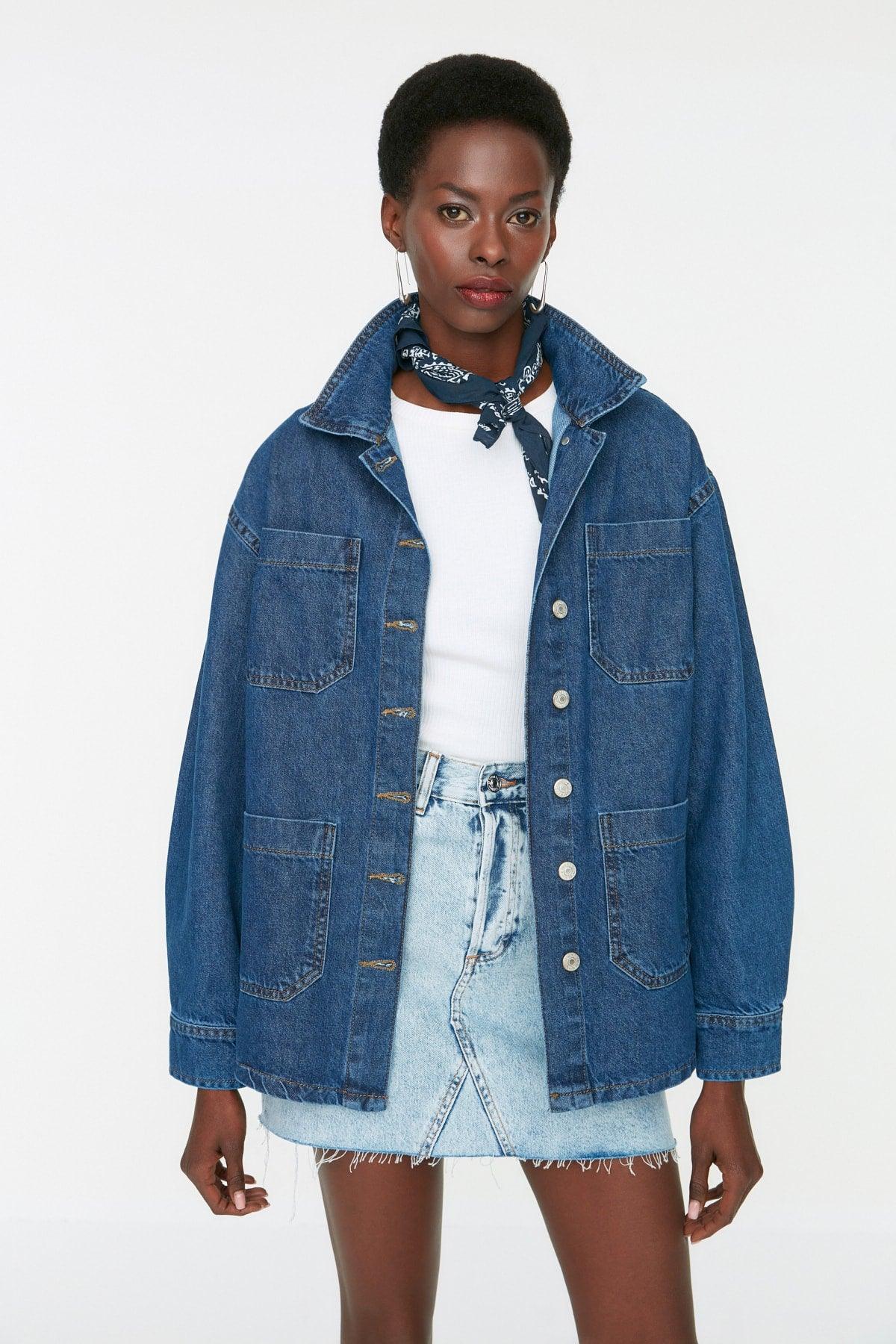 Blue Pocket Detailed Oversize Denim Jacket - Swordslife